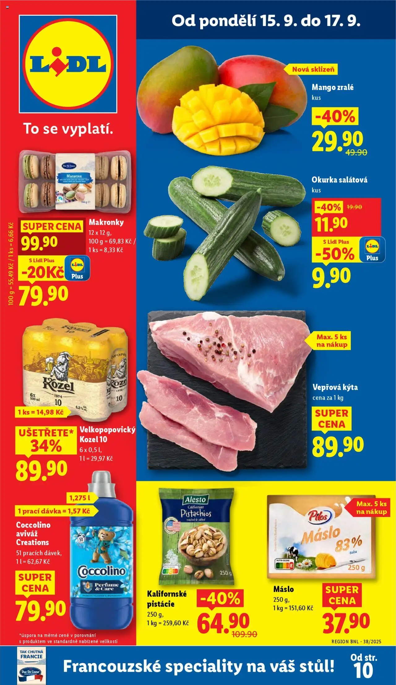 Lidl leták od 15.09.2025 | Strana: 1 | Produkty: Velkopopovický Kozel, Stůl, Velkopopovický Kozel 10, Okurka
