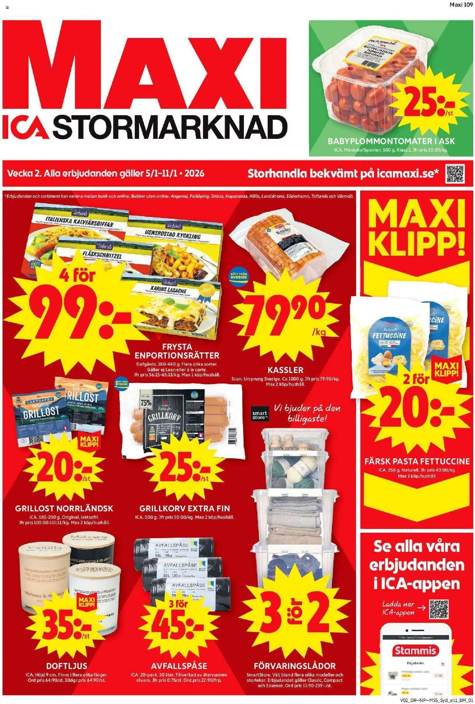 ICA Maxi reklamblad aktuell från 05.01.2026 | Sida: 1 | Produkter: Grill, Förvaringslådor, Kassler, Grillkorv