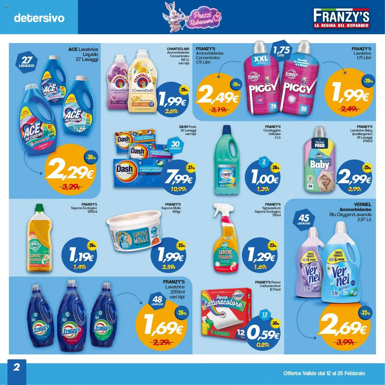 Volantino Franzy's del 12.02.2026 | Pagina: 2 | Prodotti: Ammorbidente, Candeggina, Lavanda, Profumo