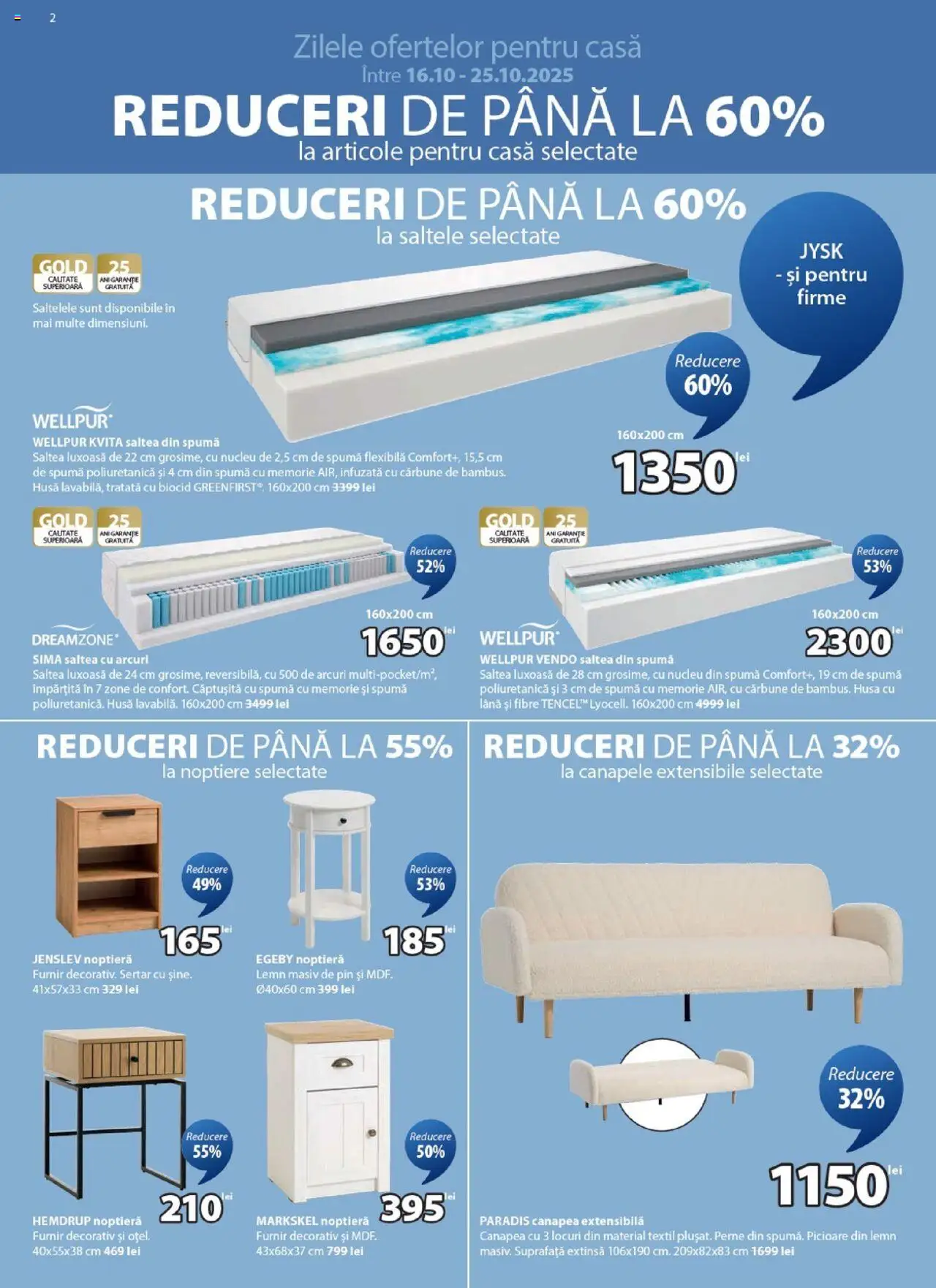 Noul catalog JYSK – valabil de la 16.10.2025 | Pagină: 2 | Produse: Memorie, Saltea, Noptieră, Canapea
