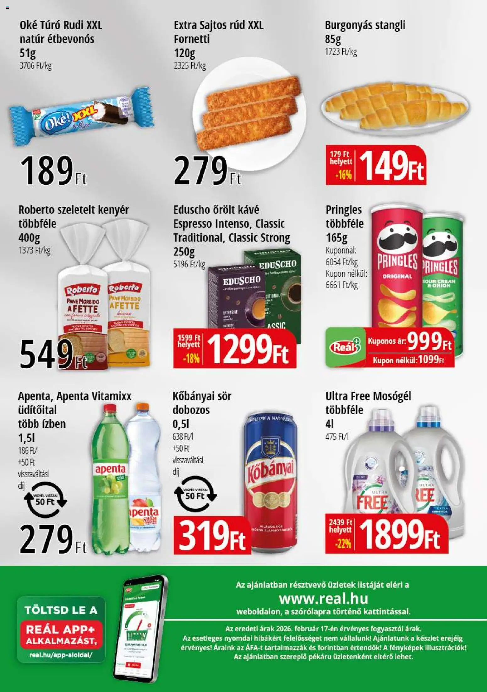 Reál akciós ujság - amely érvényes a következő dátumtól: 26.02.2026 | Oldal: 2 | Termékek: Mosógél, Kenyér, Sör, Őrölt kávé
