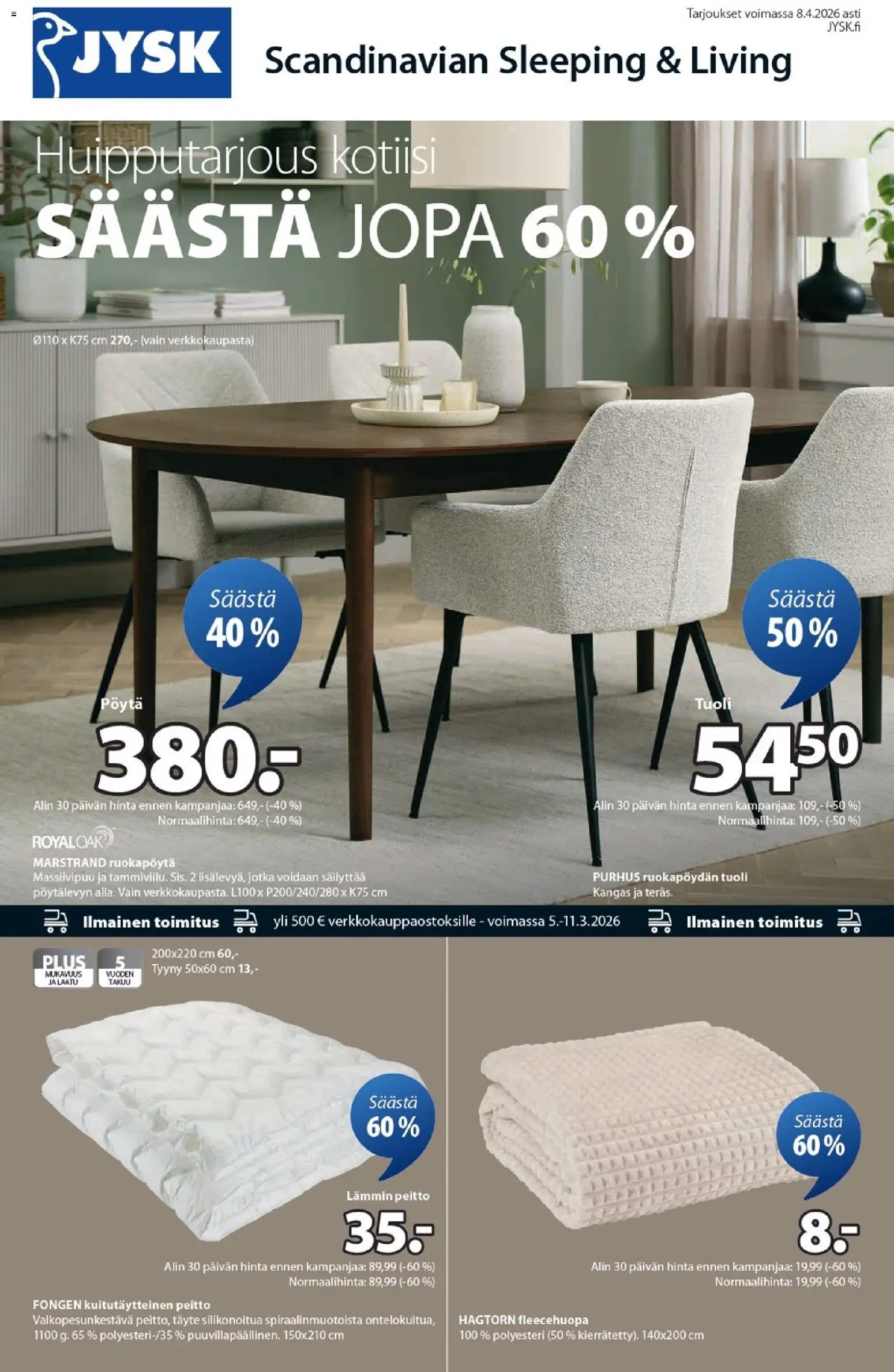 JYSK - Tarjoukset – voimassa 05.03.2026 alkaen | Sivu: 1 | Tuotteet: Kangas, Tyyny, Tuoli, Peitto