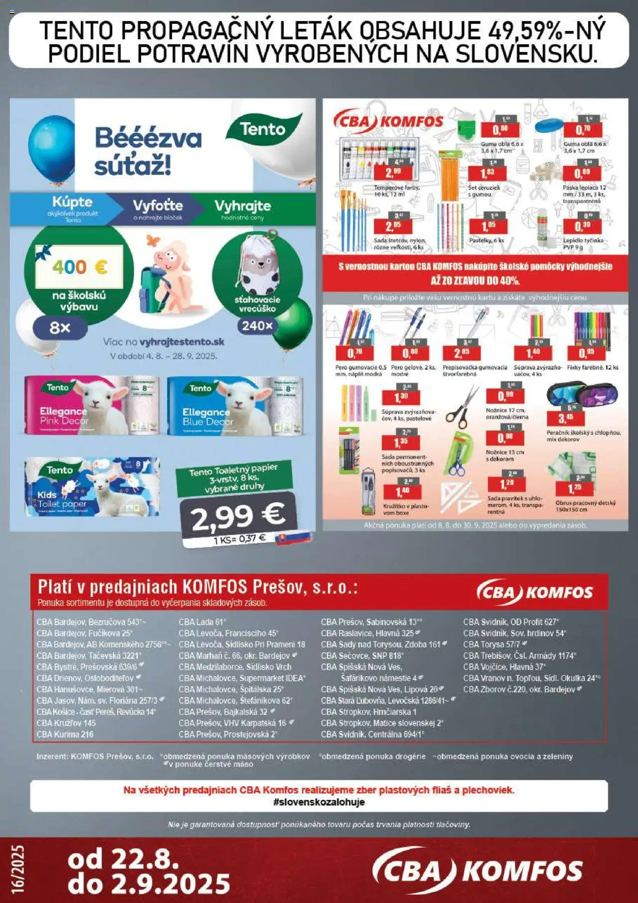 CBA Komfos Leták │ platný od 22.08.2025 | Strana: 16 | Produkty: Pero, Peračník, Toaletný papier, Fixky