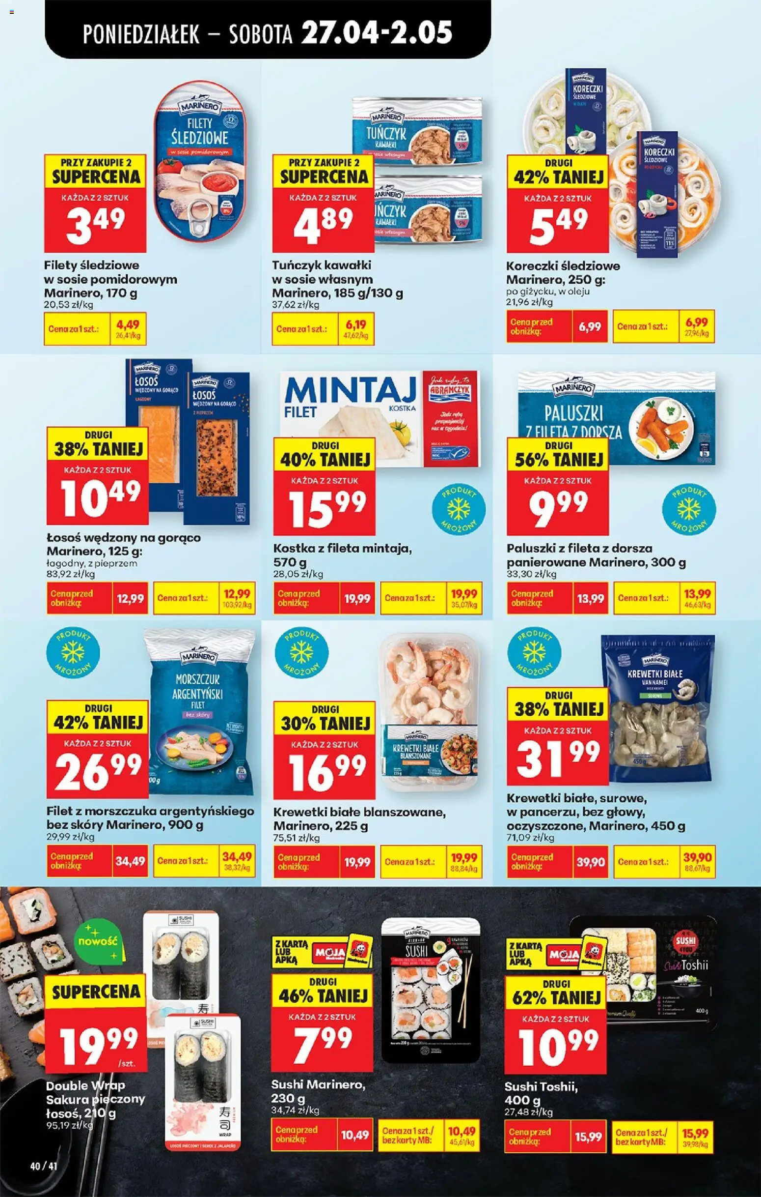 Biedronka gazetka od poniedziałku od 27.04.2026 | Strona: 48 | Produkty: Łosoś wędzony, Krewetki, Łosoś, Paluszki