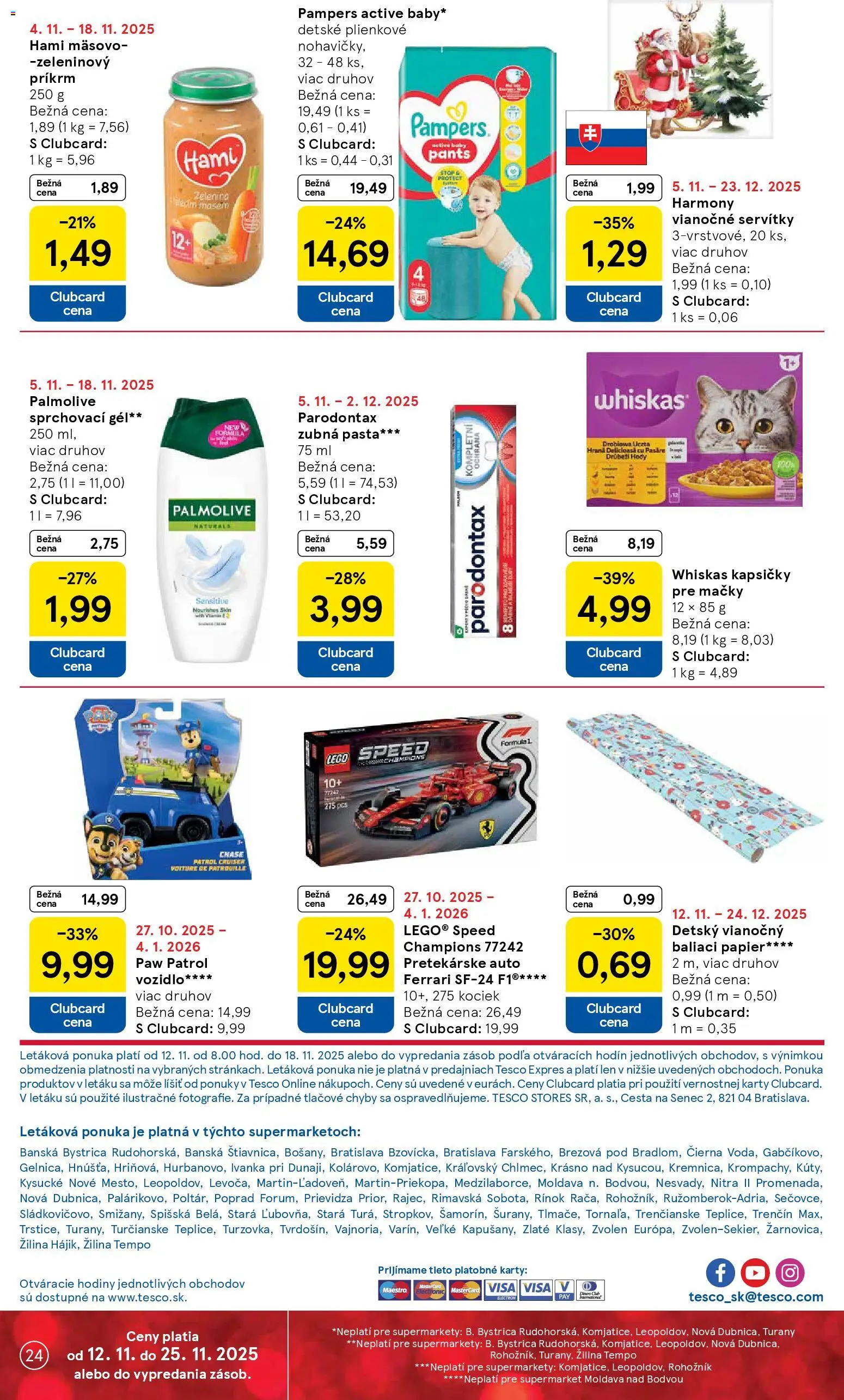 Nové Tesco akcie – leták je platný od 12.11.2025 | Strana: 24 | Produkty: Hodiny, LEGO, Pampers