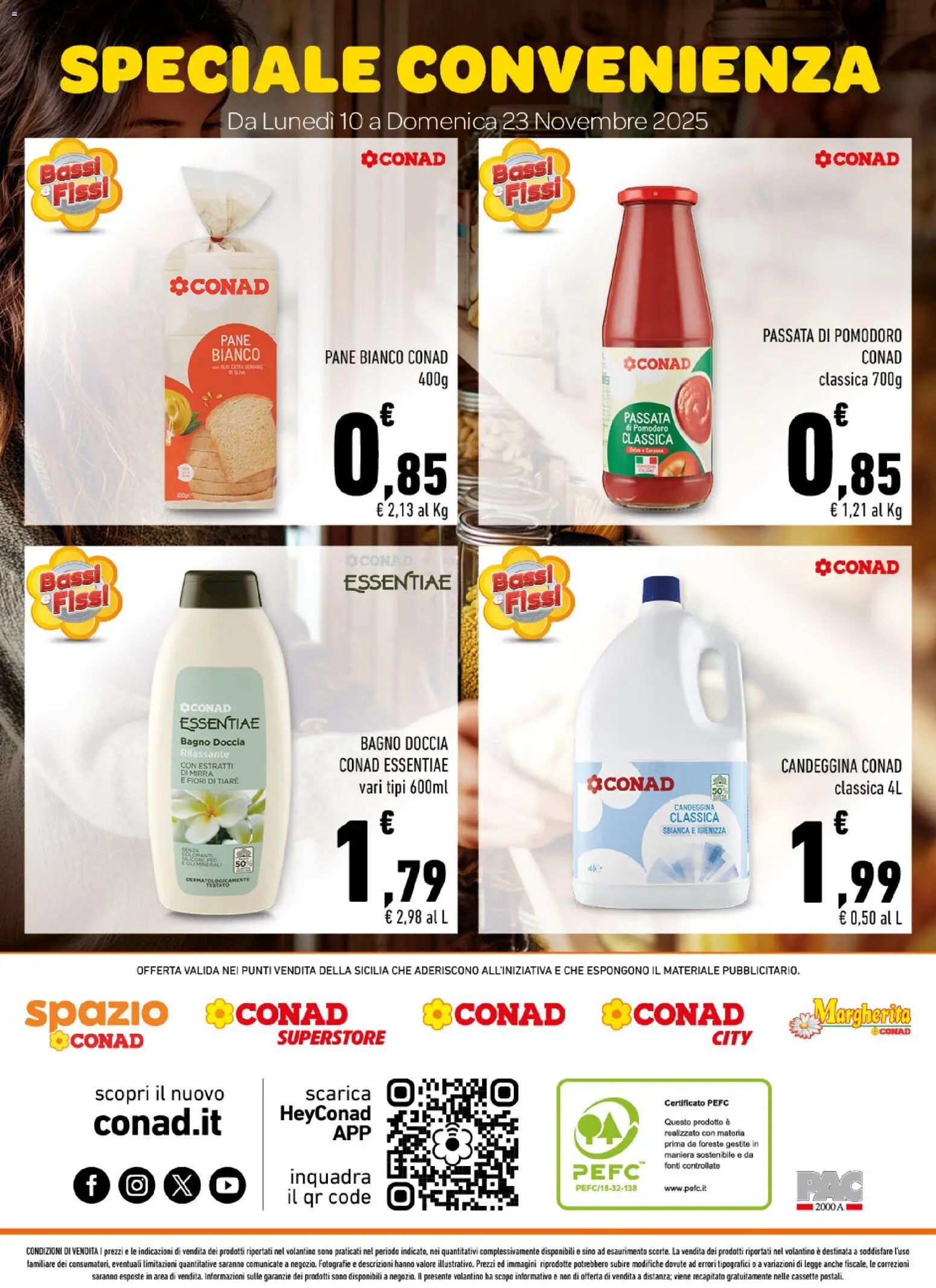 Volantino Conad del 10.11.2025 | Pagina: 8 | Prodotti: Pane, Candeggina, Passata di pomodoro, Doccia