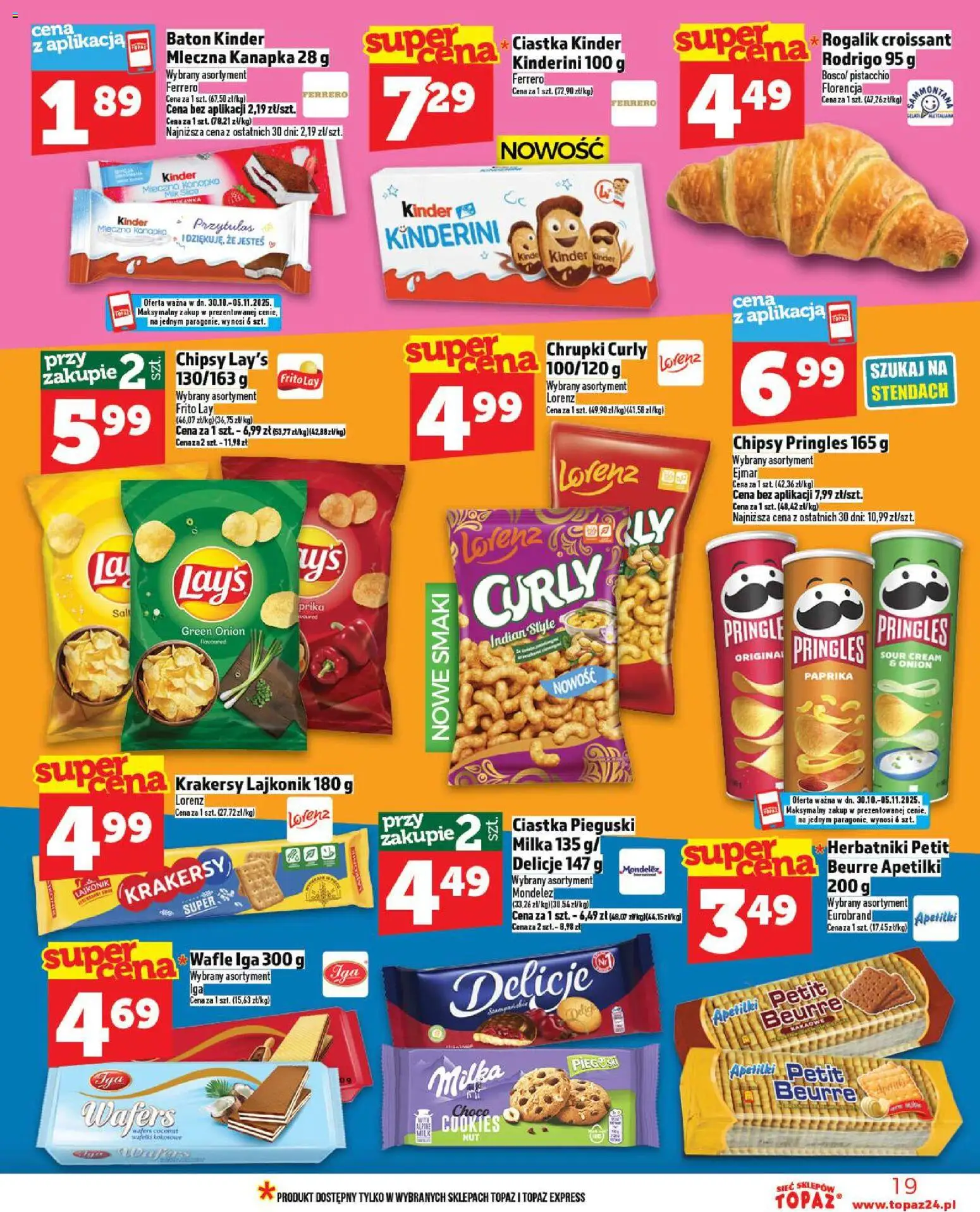 Topaz Gazetka MAZ od 30.10.2025 | Strona: 19 | Produkty: Chipsy, Milka, Baton, Krakersy