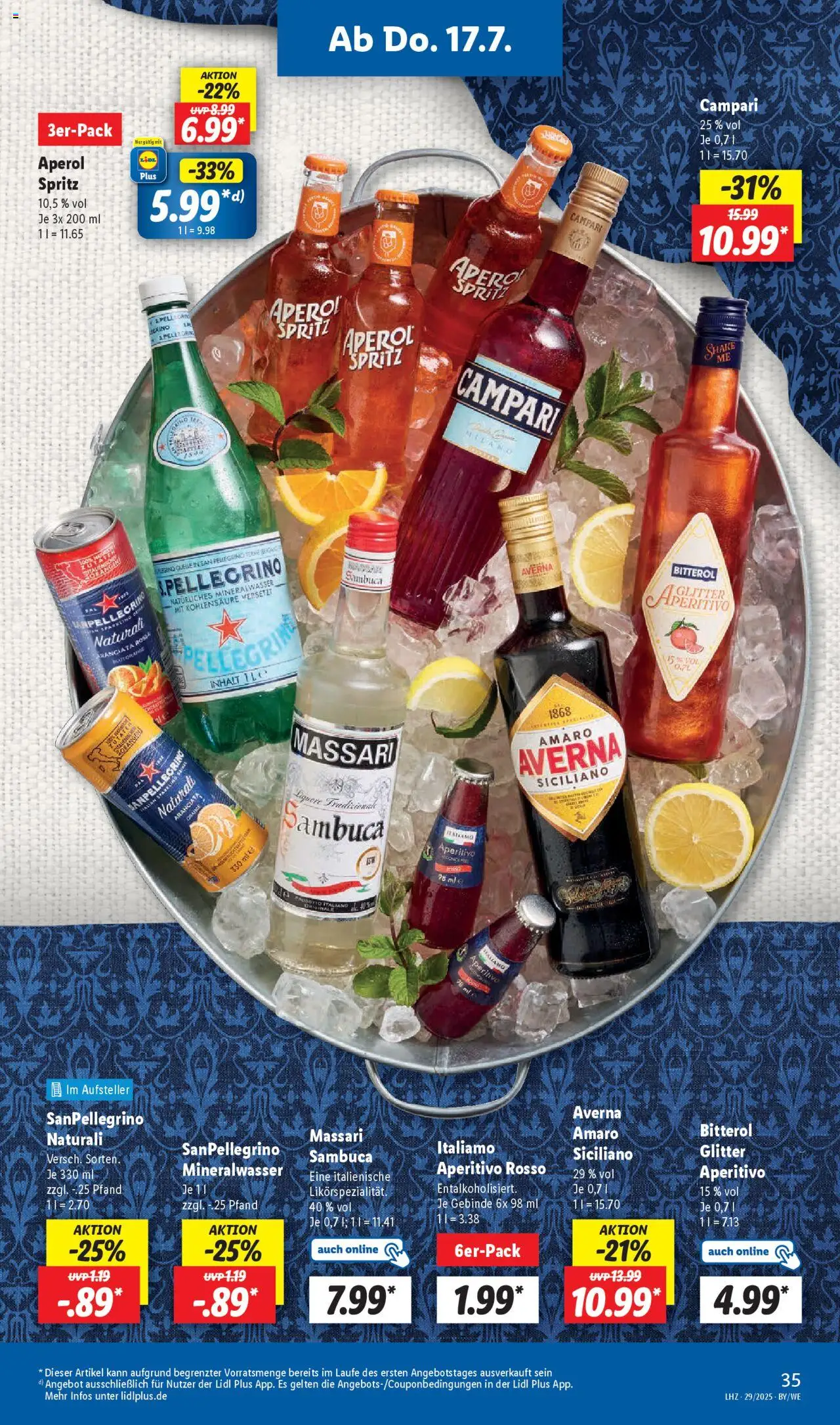 Lidl Prospekt Heppenheim - gültig ab dem 14.07.2025 | Seite: 49 | Produkte: Campari, Sambuca, Mineralwasser, Aperol