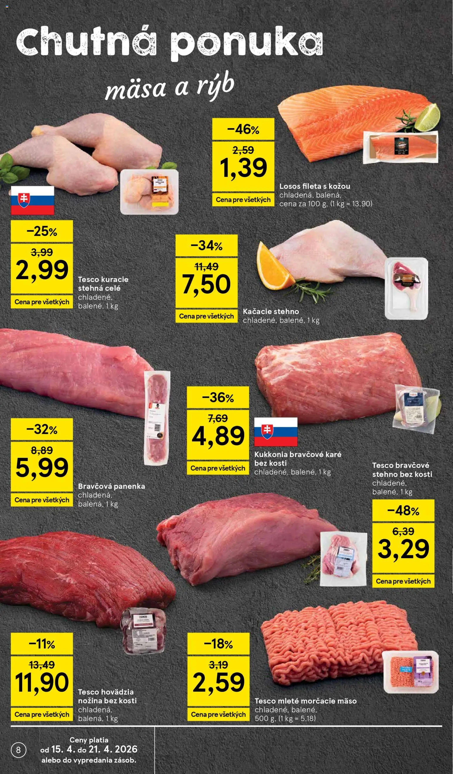 Nové Tesco akcie – leták je platný od 15.04.2026 | Strana: 8 | Produkty: Bravčové stehno, Kuracie stehná, Losos, Bravčové karé