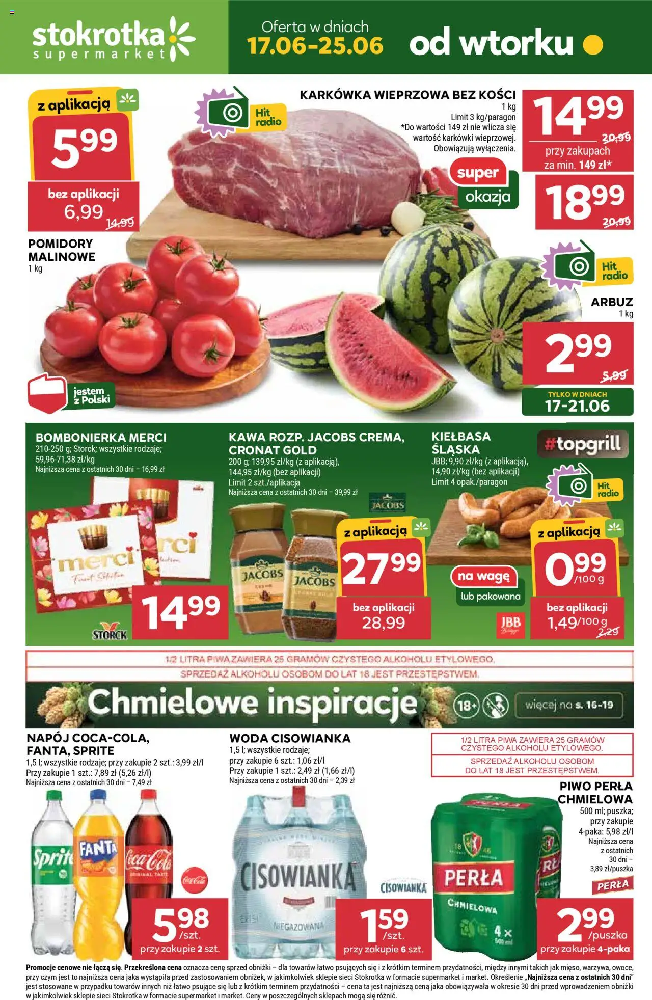 Stokrotka Gazetka od 17.06.2025 | Strona: 1 | Produkty: Sprite, Piwo perła, Kiełbasa śląska, Kawa