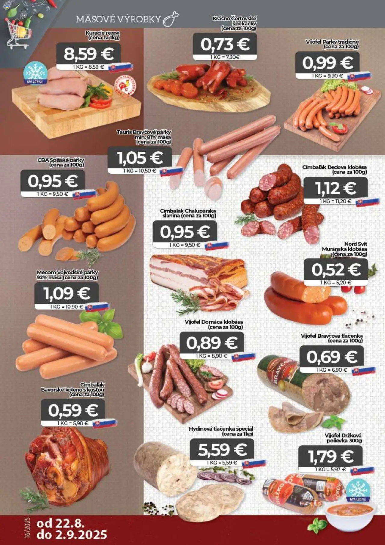 CBA Komfos Leták │ platný od 22.08.2025 | Strana: 2 | Produkty: Slanina, Klobása, Kuracie rezne, Párky