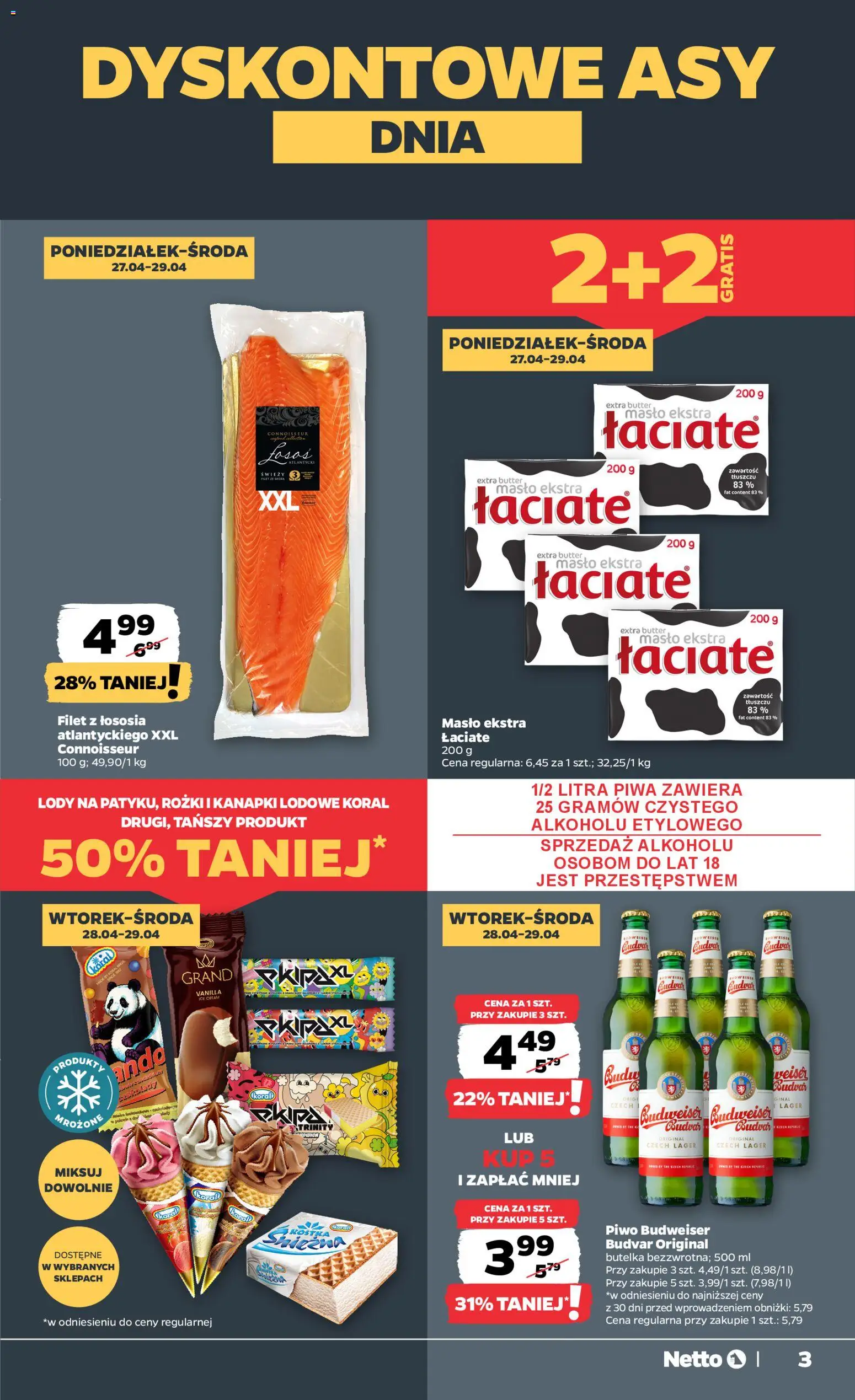 Netto gazetka od poniedziałku spożywcza od 27.04.2026 | Strona: 3 | Produkty: Masło, Piwo, Filet z łososia, Lody