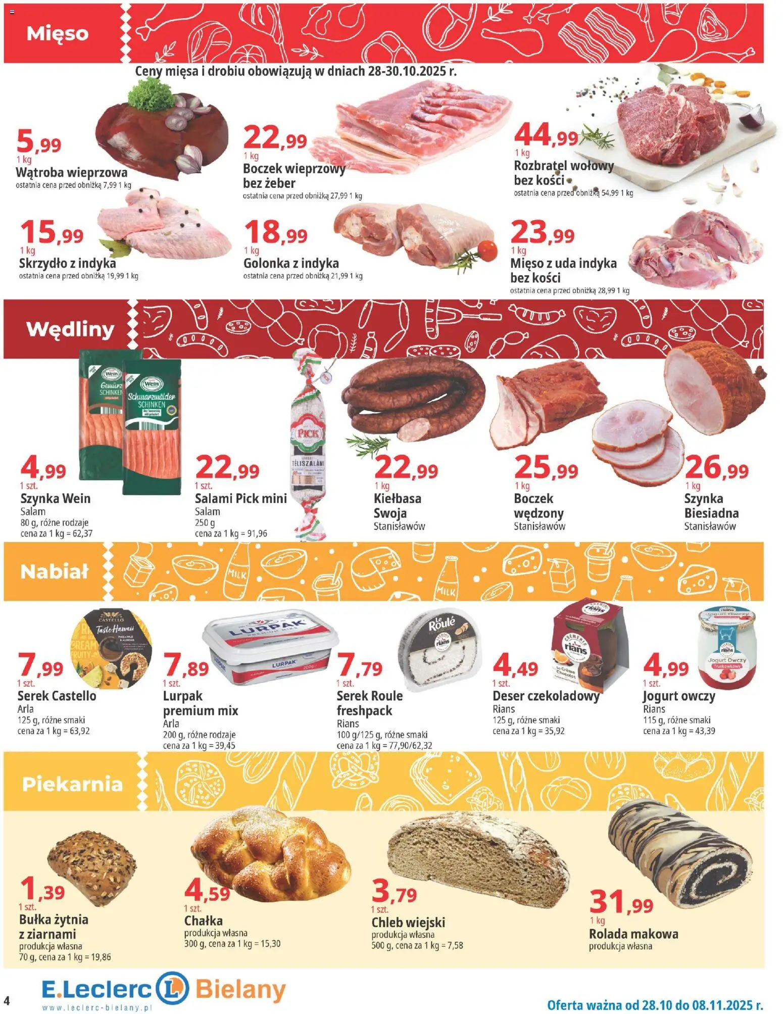 E.Leclerc Gazetka - Warszawa Bielany od 28.10.2025 | Strona: 4 | Produkty: Kiełbasa, Serek, Mięso, Szynka