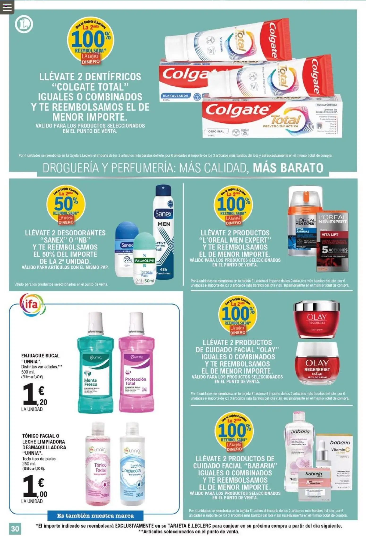E.Leclerc folleto │ válido desde el 22.04.2026 | Página: 30 | Productos: Enjuague bucal, Leche, Crema, Crema hidratante