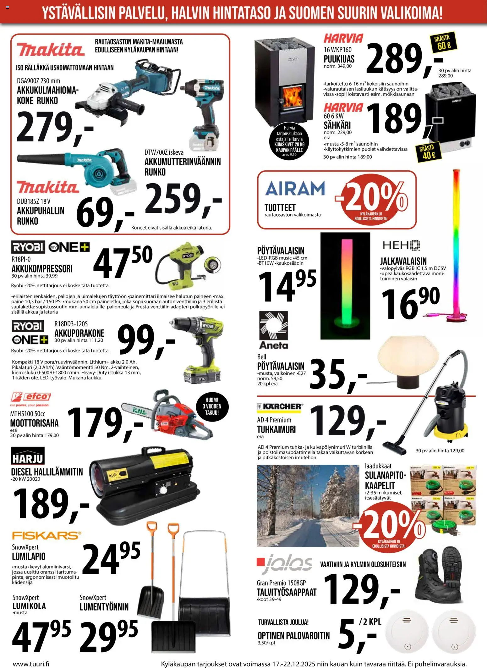 Tuuri tarjoukset – voimassa 17.12.2025 alkaen | Sivu: 8 | Tuotteet: Moottorisaha, Palovaroitin, Akku, Pöytävalaisin