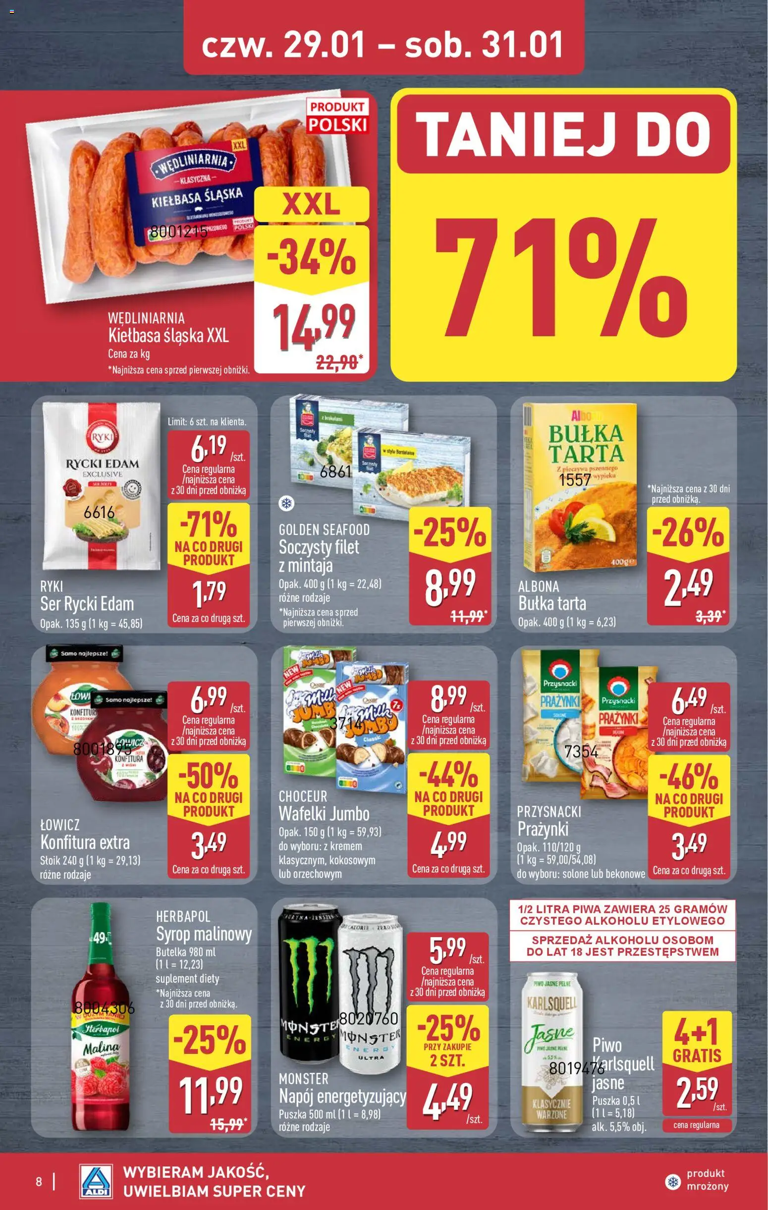 Aldi Gazetka - Okazje na weekend od 29.01.2026 | Strona: 8 | Produkty: Syrop malinowy, Bułka tarta, Kiełbasa śląska, Piwo