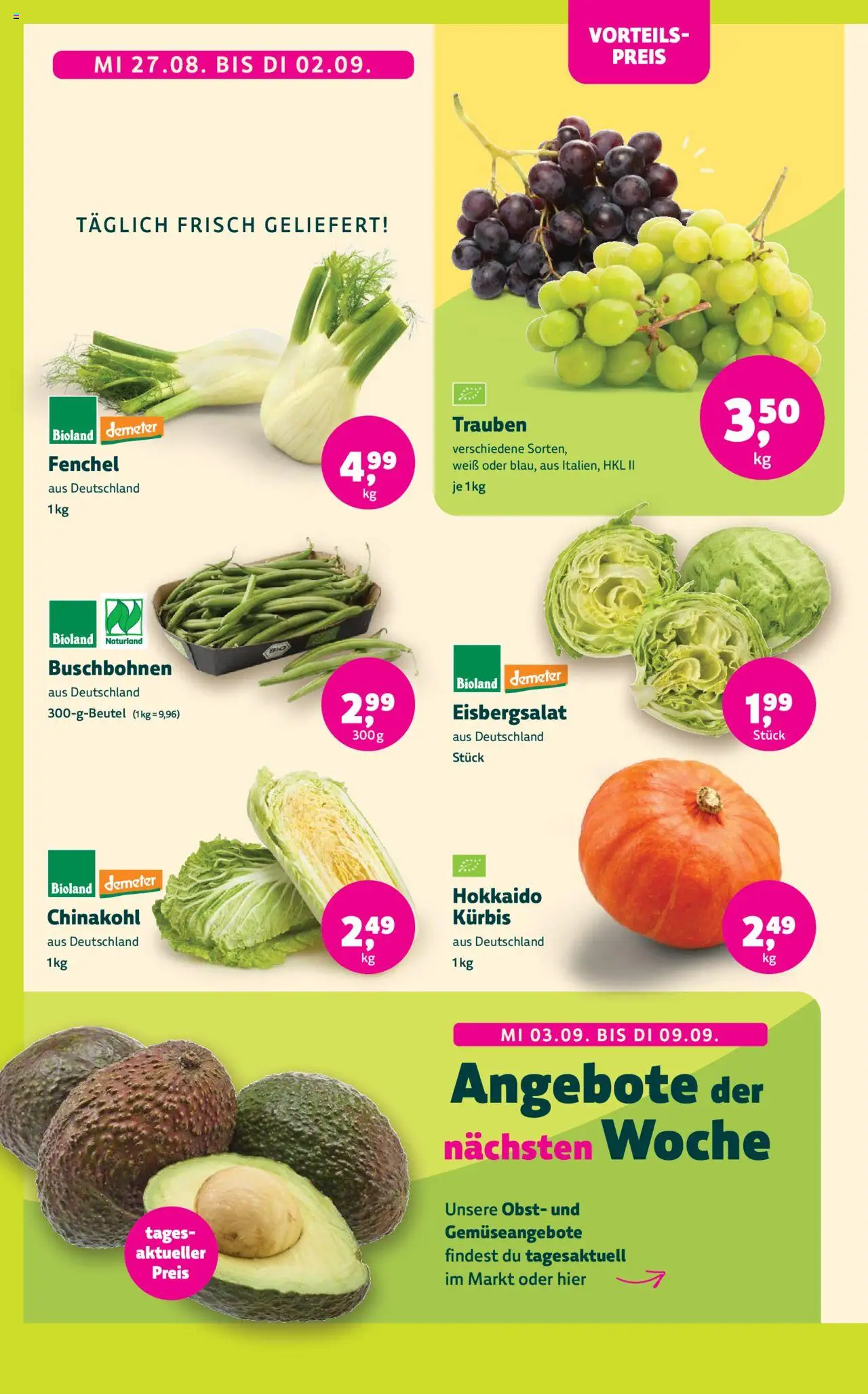 Denns BioMarkt Angebote - gültig ab dem 27.08.2025 | Seite: 2 | Produkte: Trauben, Obst, Kürbis, Chinakohl