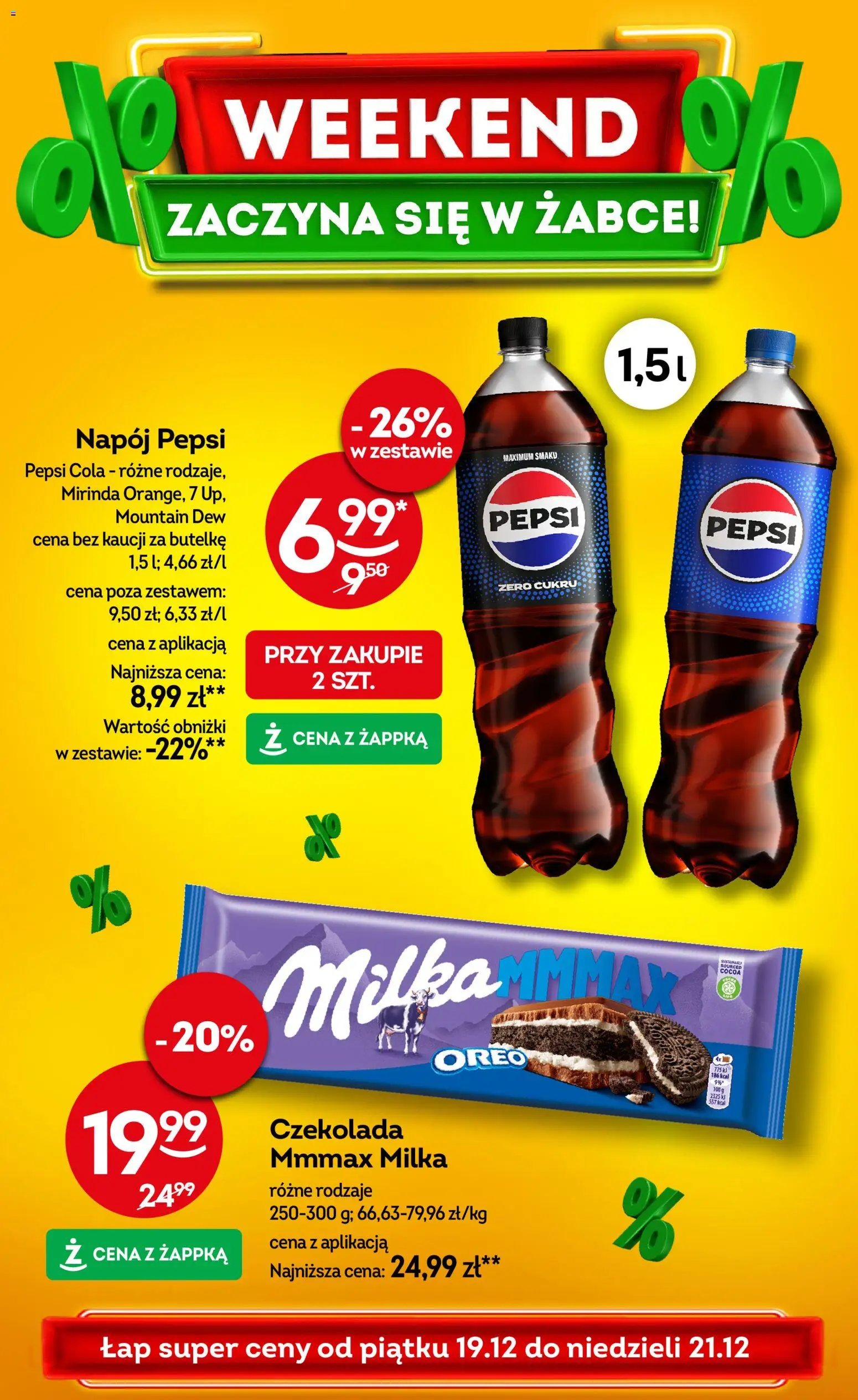 Żabka Gazetka - Weekendowe promocje od 19.12.2025 | Strona: 1 | Produkty: Pepsi, Milka, Czekolada