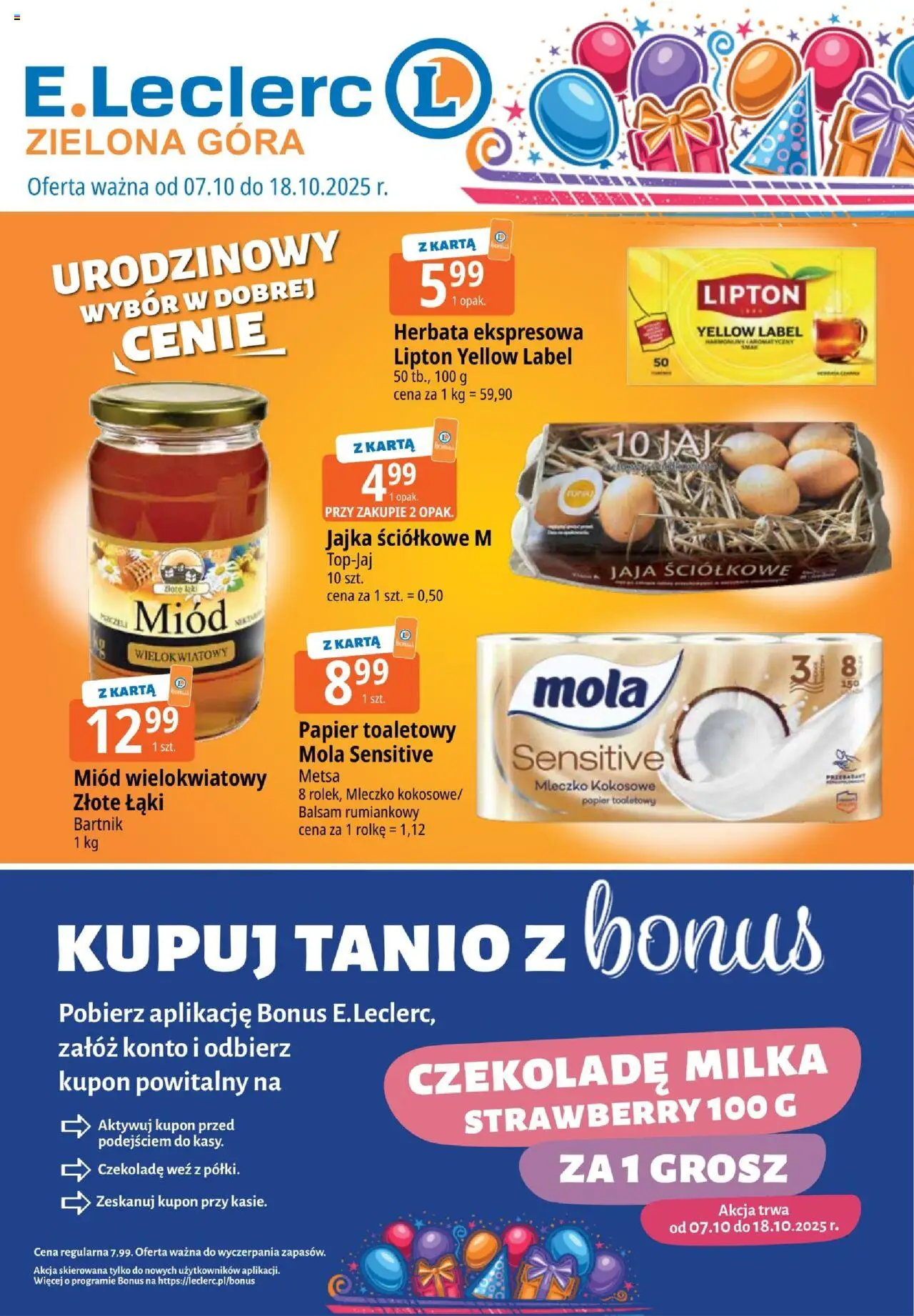 E.Leclerc Gazetka - Zielona Góra od 07.10.2025 | Strona: 1 | Produkty: Karta, Papier toaletowy, Milka, Jaja