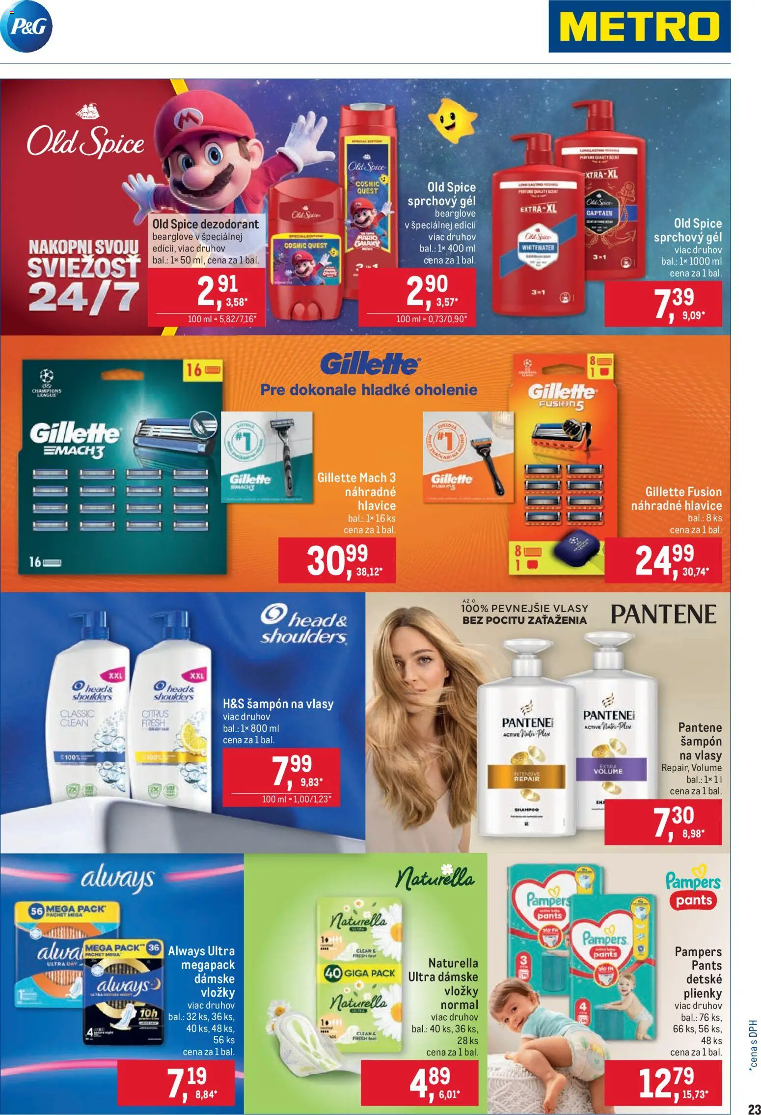 Nové Metro akcie – leták je platný od 25.03.2026 | Strana: 23 | Produkty: Old Spice, Šampón, Dezodorant, Plienky