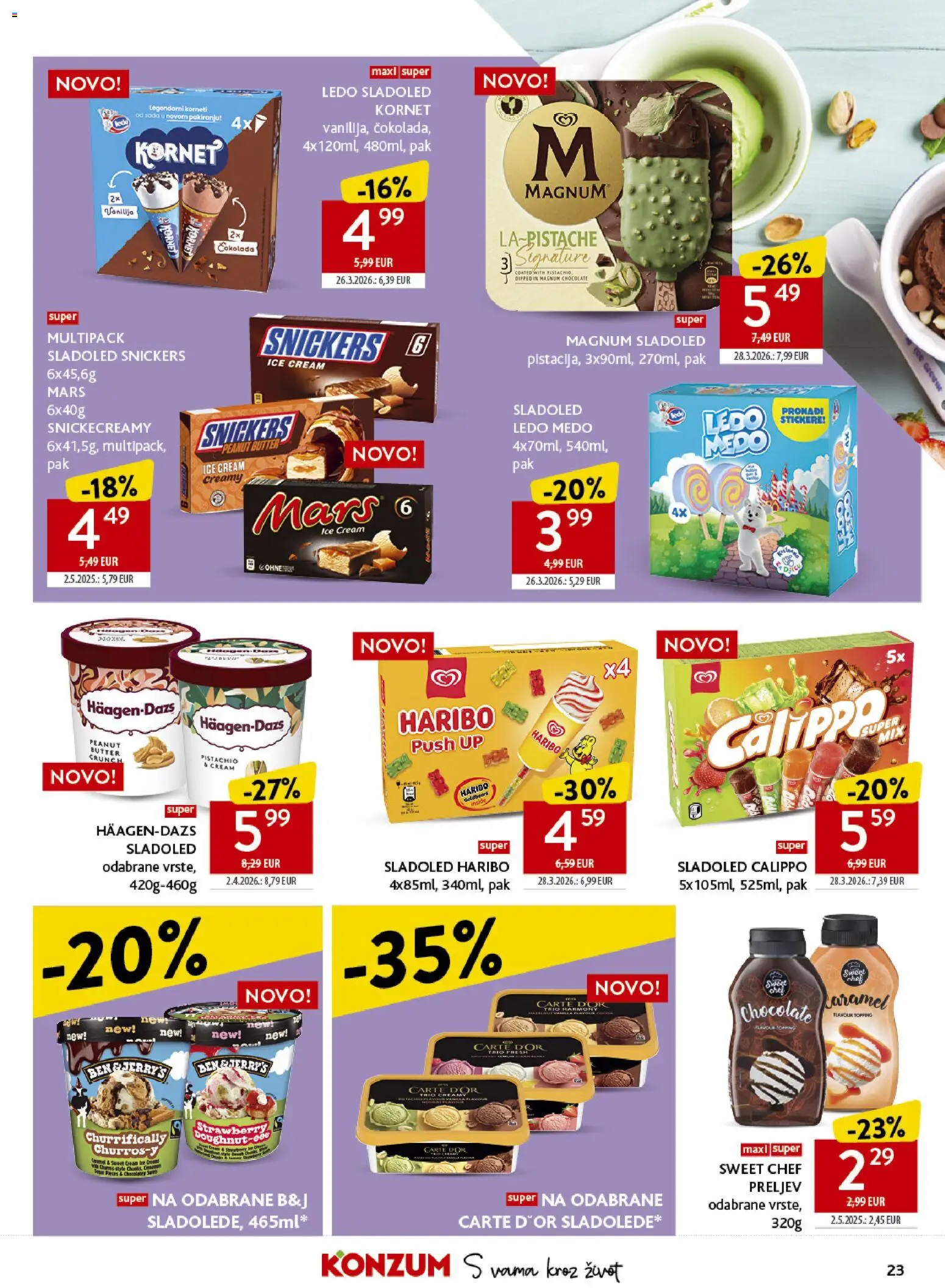 Konzum HR akciós ujság - amely érvényes a következő dátumtól: 22.04.2026 | Oldal: 23 | Termékek: Magnum, Snickers