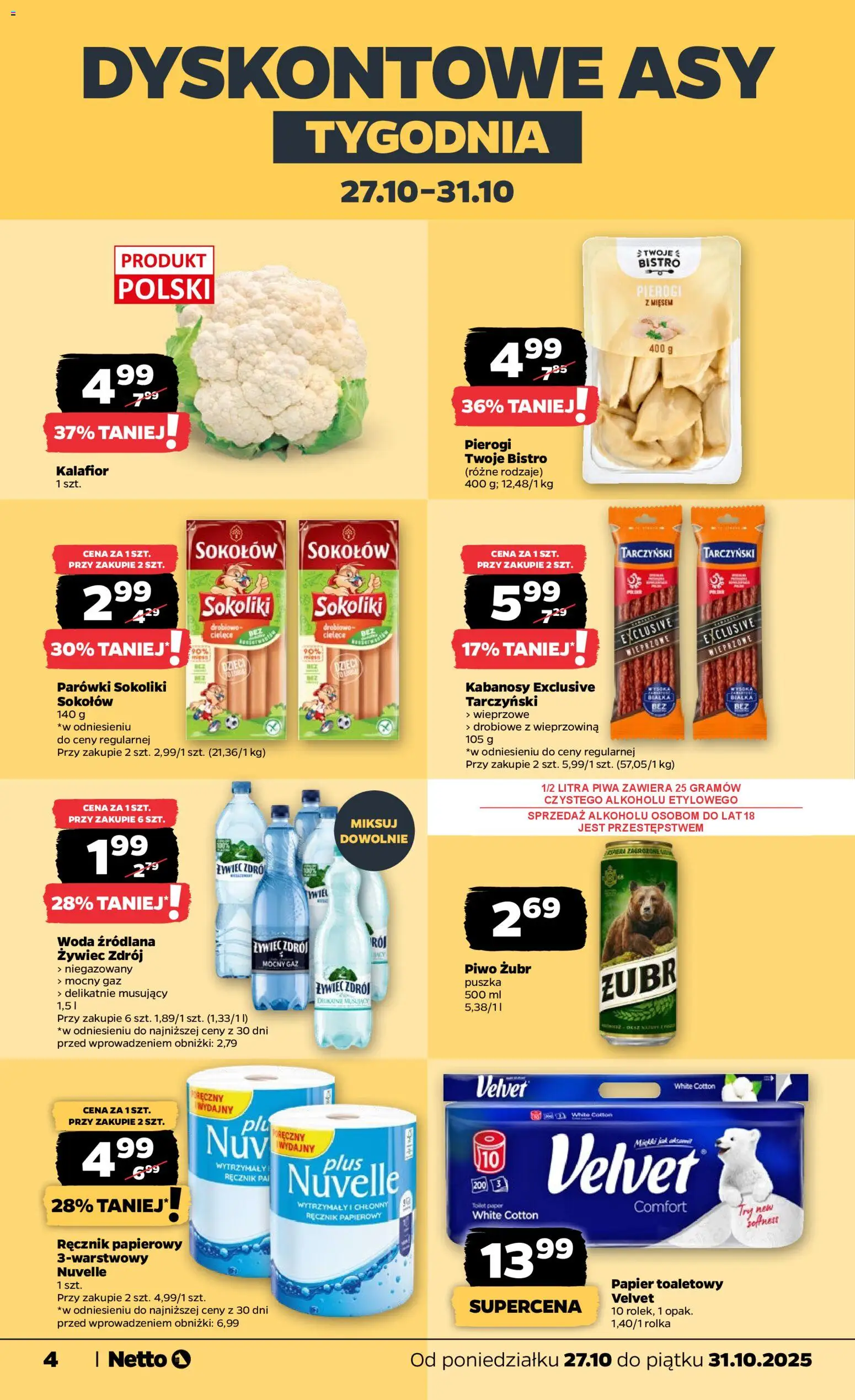 Netto gazetka - Spożywcza od 27.10.2025 | Strona: 4 | Produkty: Piwo żubr, Pierogi, Kabanosy, Woda