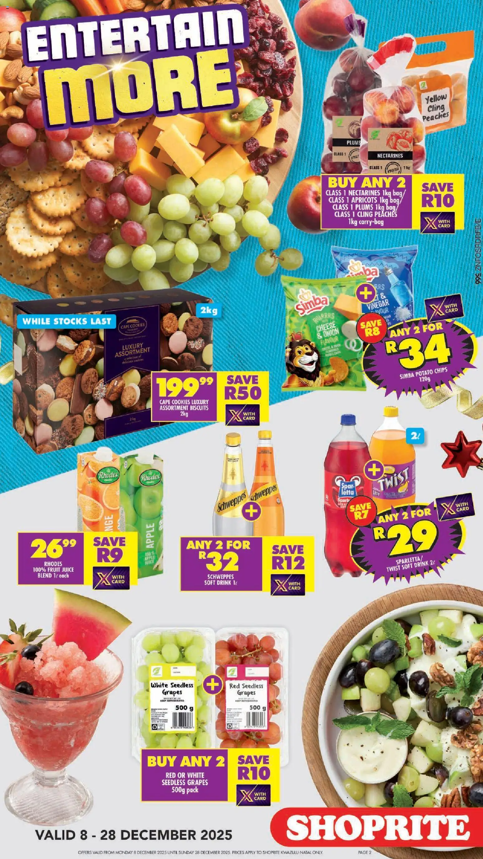 New Shoprite catalogue – valid from 08.12.2025 | Page: 2 | Products: Cheese, Biscuits, Juice, Fruit