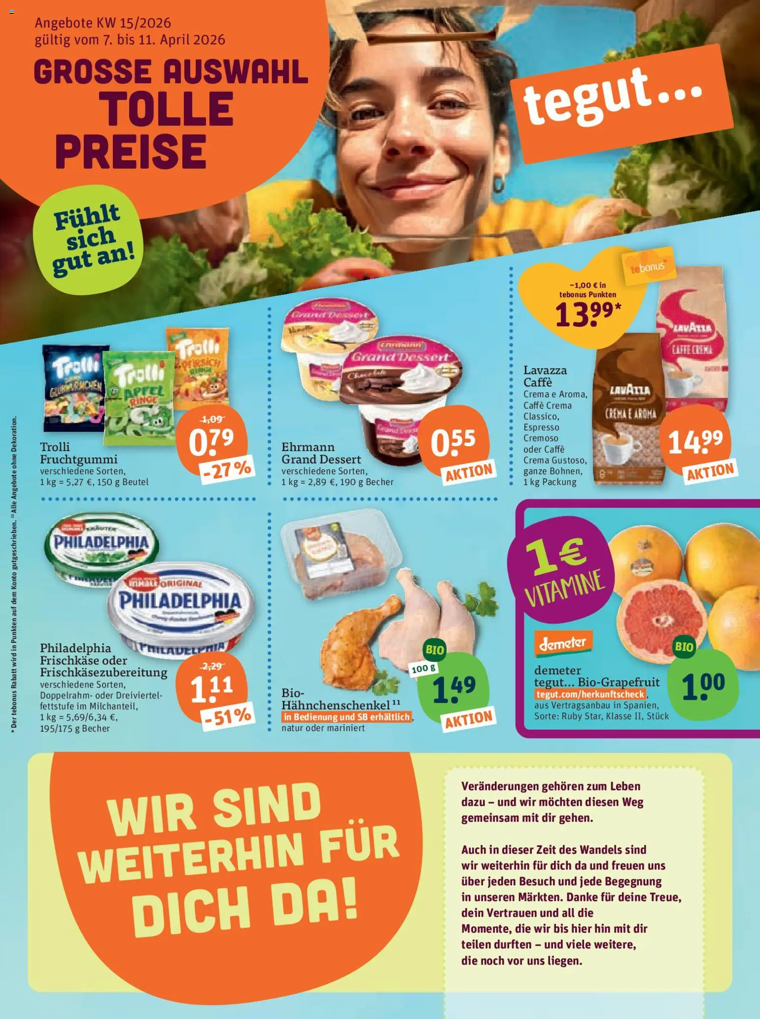 Tegut Prospekt 	 – gültig ab 10.04.2026 | Seite: 3 | Produkte: Lavazza, Hahnchenschenkel, Philadelphia, Äpfel