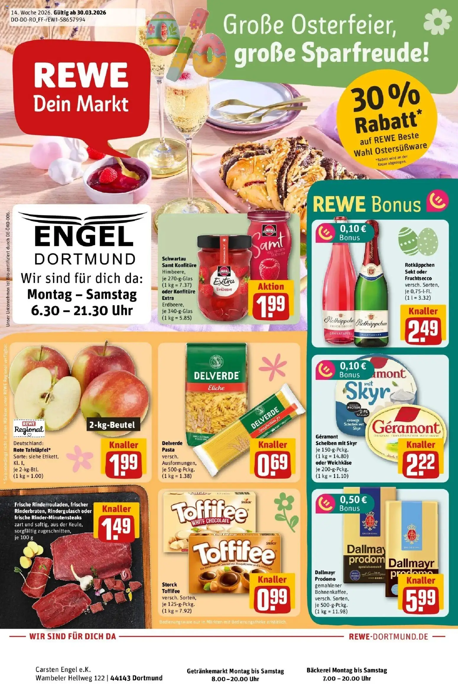 Rewe Prospekt Dortmund	 – gültig ab 30.03.2026 | Seite: 1 | Produkte: Rotkappchen sekt, Geramont, Rindergulasch, Pasta