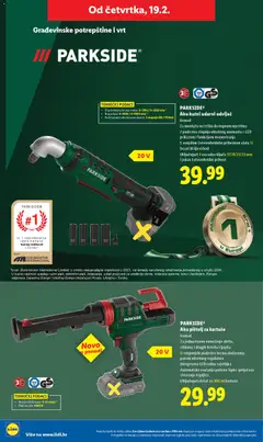 PARKSIDE® Aku kutni udarni odvijač, Komad. Za montažu na teško dostupnim mjestima. 2 podesiva stupnja okretnog momenta s LED prikazom i funkcijom memoriranja. S vanjskim četverobridnim prihvatom alata 1/2'. Desni ili lijevi hod. Uključujući 4 nasadna ključa 17/19/21/23 mm i jedan četverobridni prihvat - Pregled kataloga iz trgovine Lidl, vrijedi od 16.02.2026 | Stranica: 48 | Proizvodi: Svjetiljka, Odvijač, Parkside