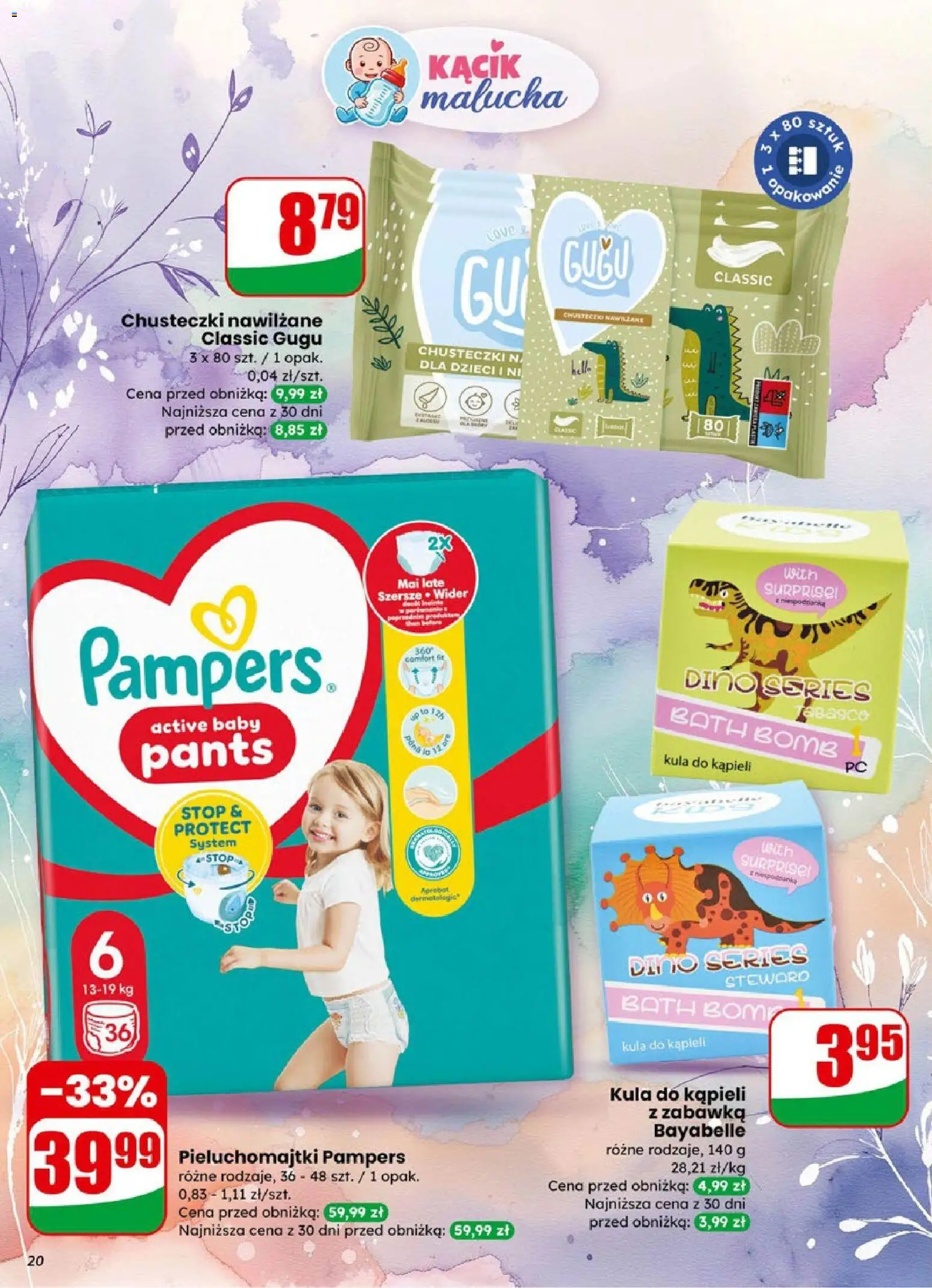 Dino Gazetka od 21.01.2026 | Strona: 20 | Produkty: Kula do kąpieli, Pampers, Pieluchomajtki