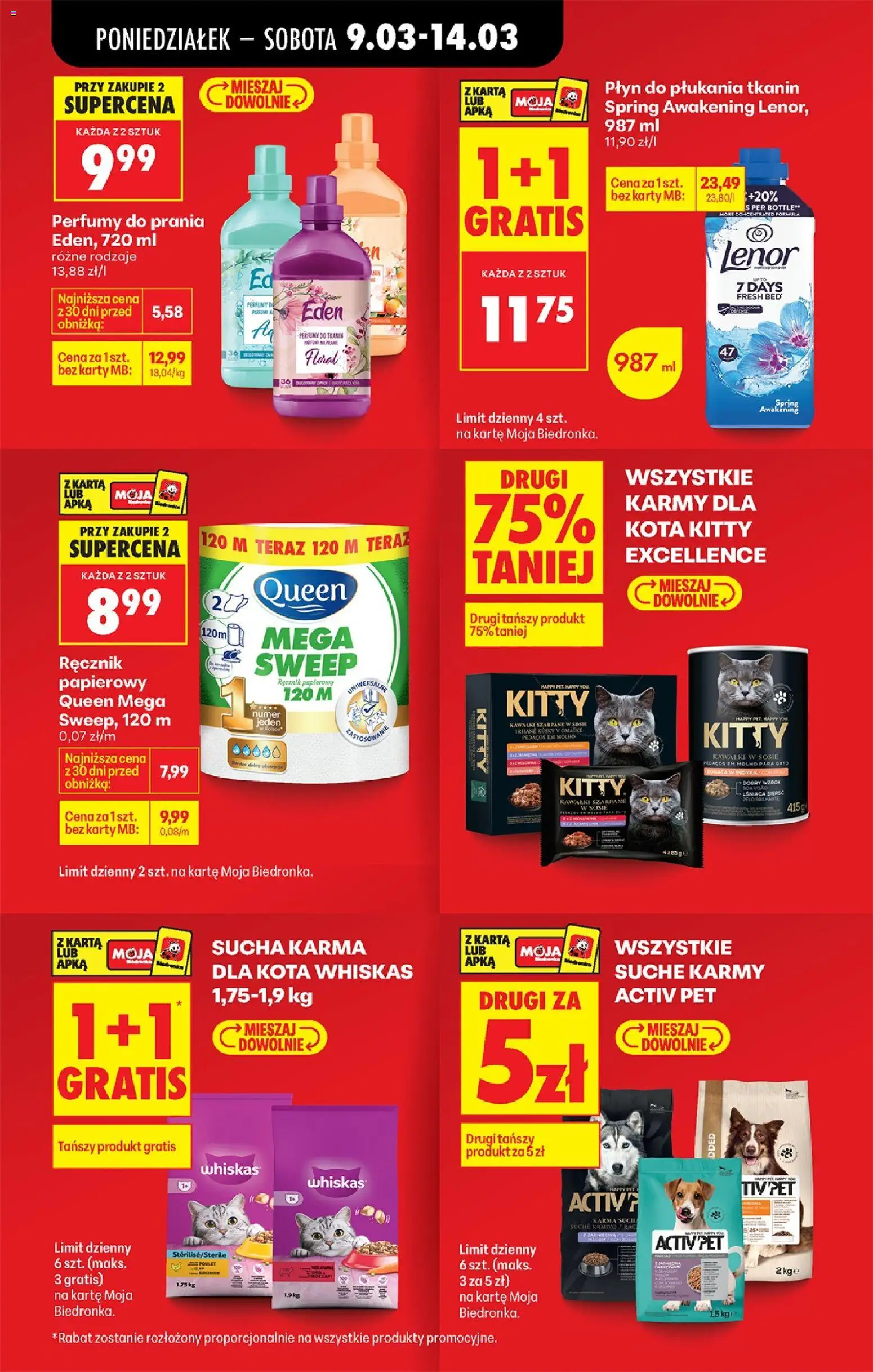 Biedronka gazetka od poniedziałku od 09.03.2026 | Strona: 23 | Produkty: Karta, Perfumy, Karma dla kota, Lenor płyn do płukania