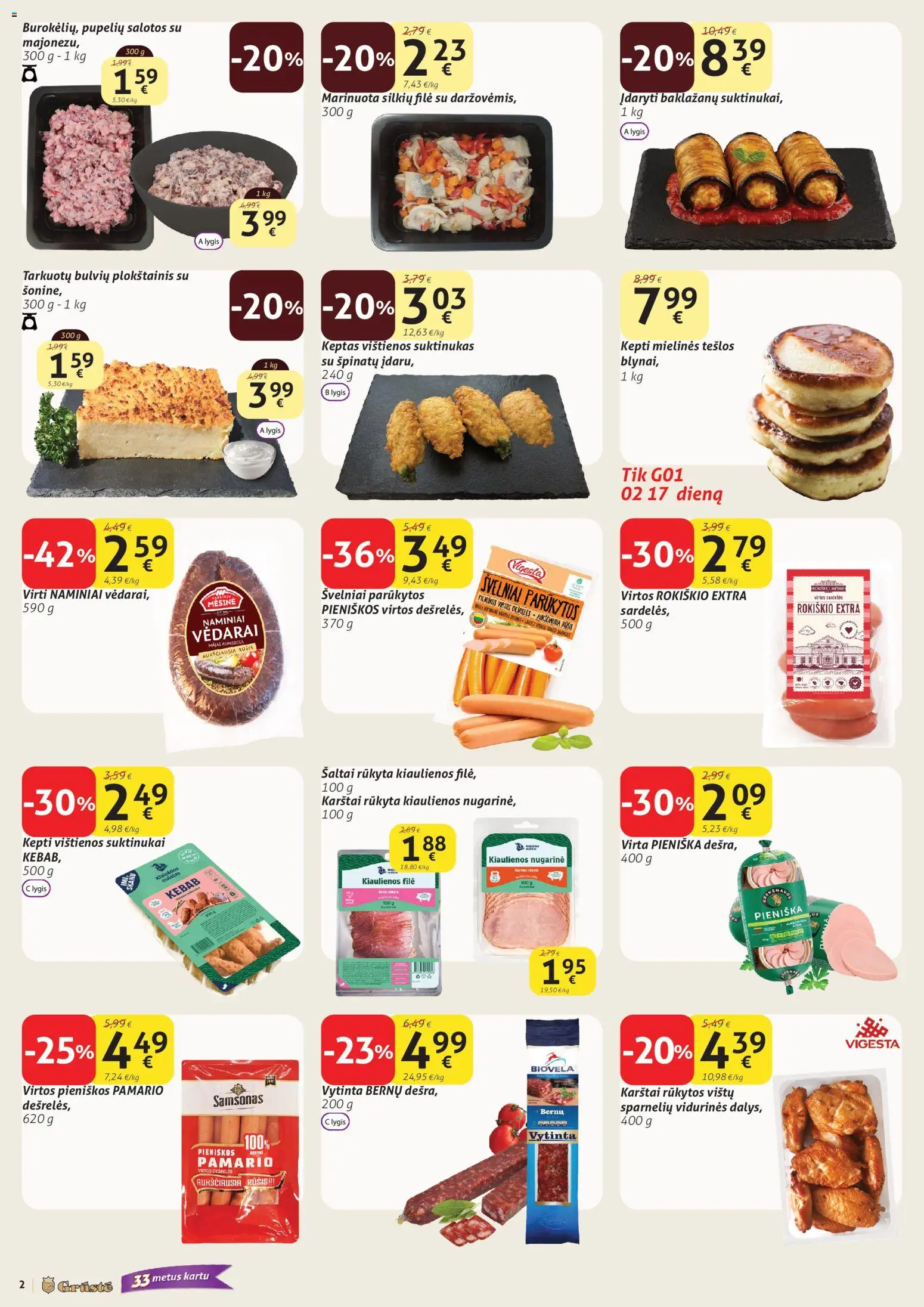 GRUSTE akcijos nuo 11.02.2026 | Puslapis: 2 | Prekių: Salotos, Vištienos, Kiaulienos, Plokštainis