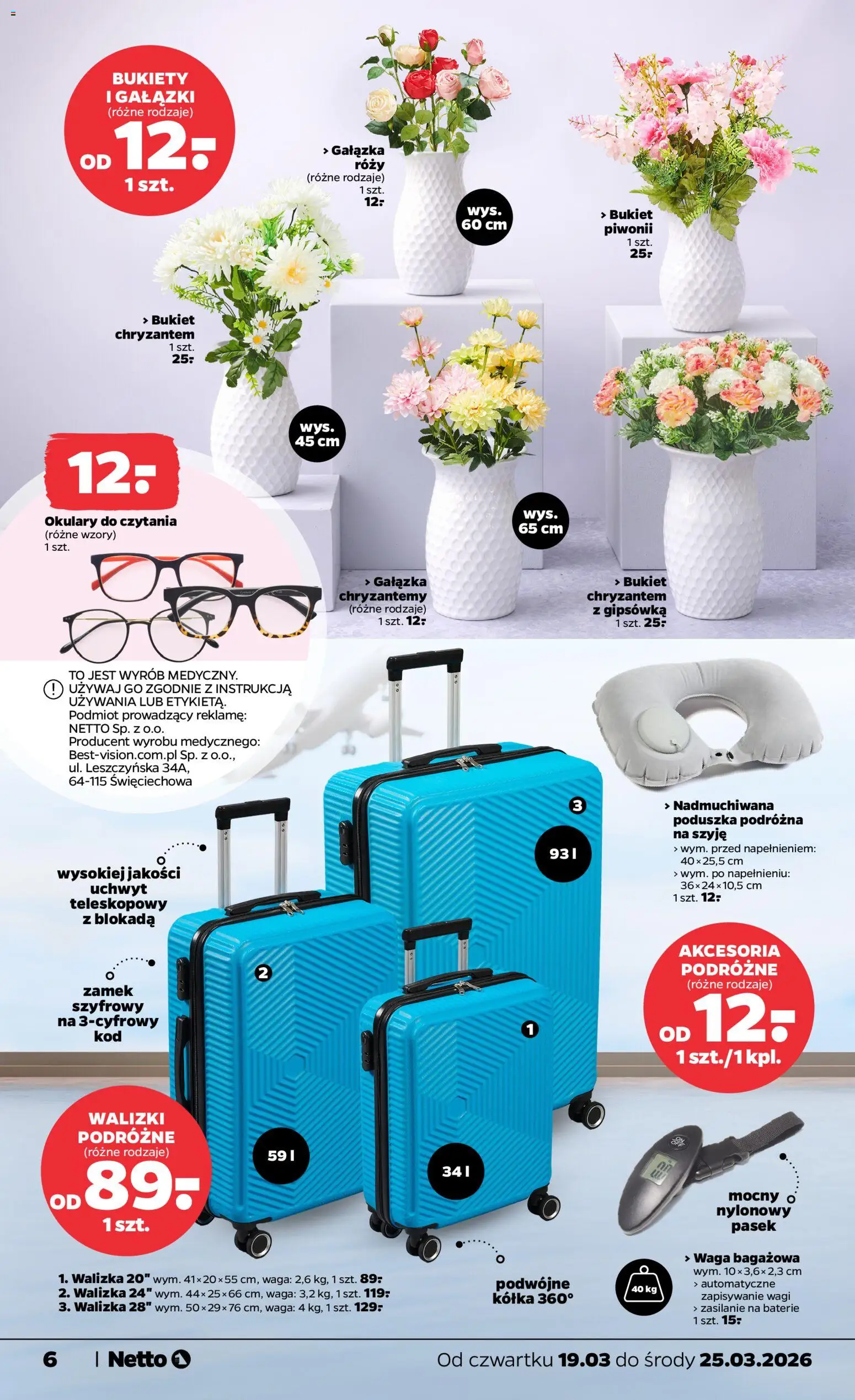 Netto gazetka od czwartku NonFood od 19.03.2026 | Strona: 6 | Produkty: Okulary, Waga, Poduszka, Chryzantemy