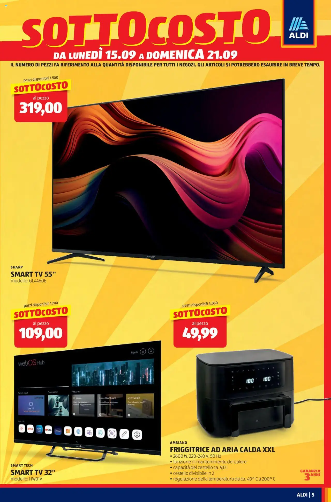 Volantino Aldi del 15.09.2025 | Pagina: 5 | Prodotti: Friggitrice ad aria, smart TV, TV, Friggitrice