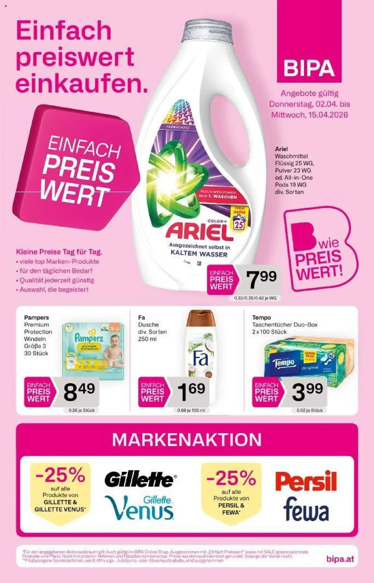 Bipa Flugblatt gültig ab 02.04.2026 | Seite: 1 | Produkte: Wasser, Dusche, Pampers, Waschmittel