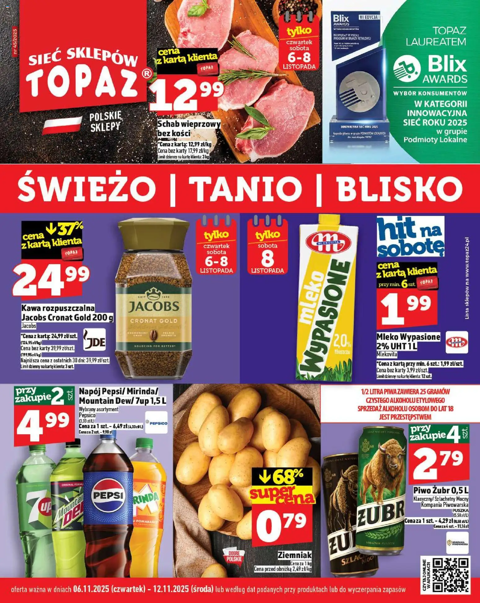 Topaz Gazetka MAZ od 06.11.2025 | Strona: 1 | Produkty: Piwo żubr, Mleko, Kawa, Piwo