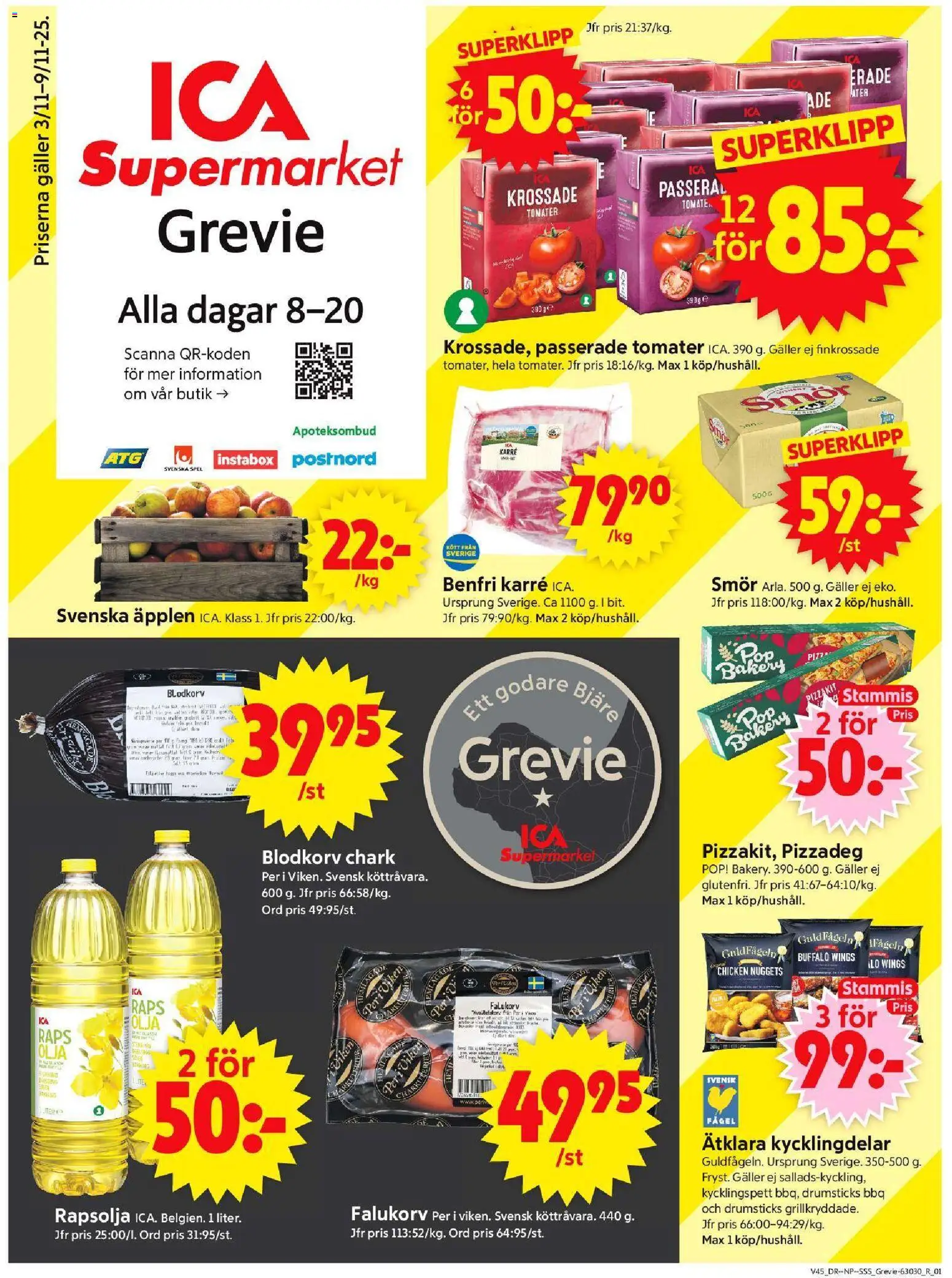 ICA Supermarket reklamblad aktuell från 03.11.2025 | Sida: 1 | Produkter: Smör, Olja, Äpplen, Spel