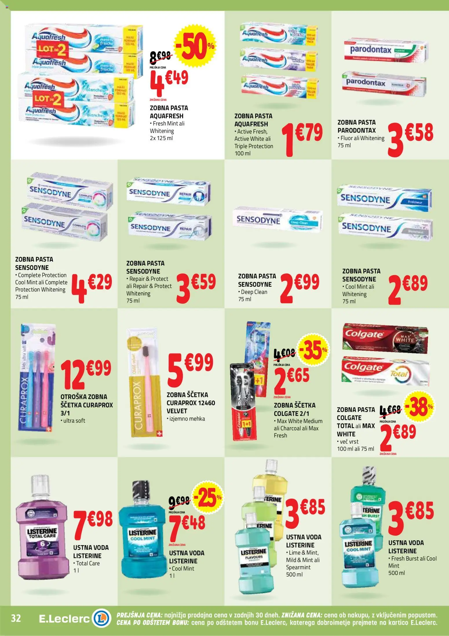 Novi E.leclerc katalog ponudbe – veljaven od 18.02.2026 | Stran: 32 | Izdelki: Zobna pasta, Zobna scetka, Voda