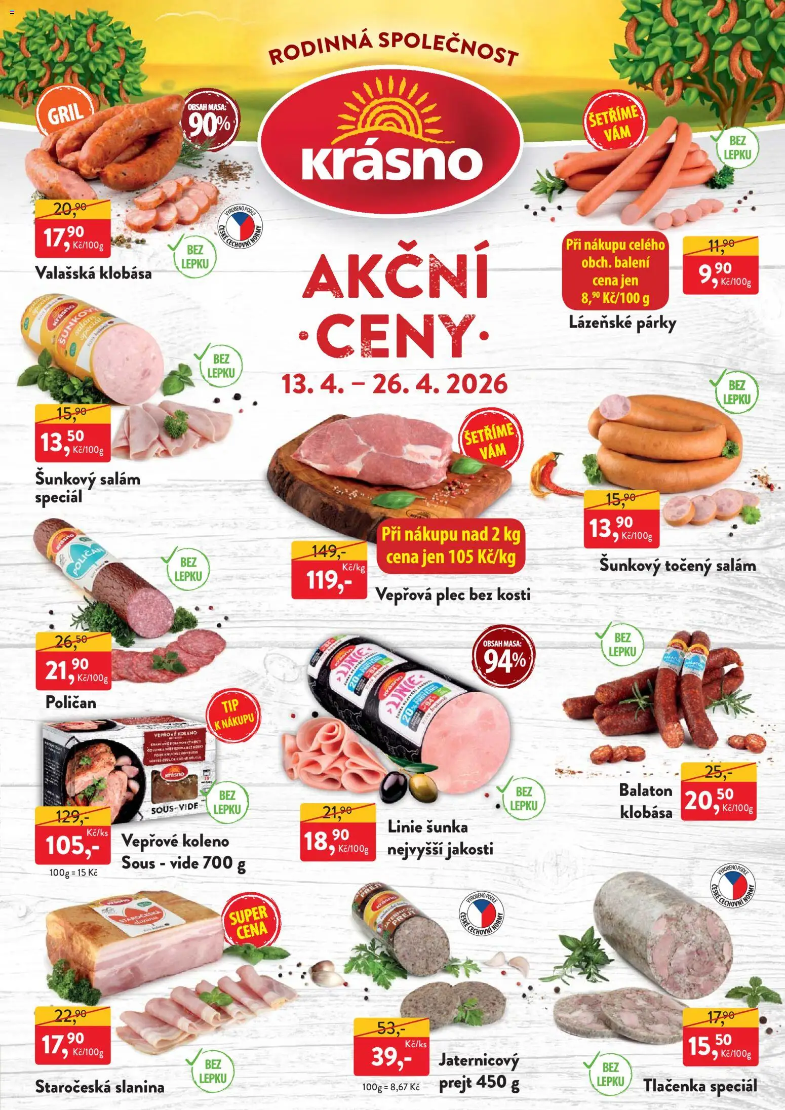 MP Krásno leták od 13.04.2026 | Strana: 1 | Produkty: Salám, Šunka, Plec bez kosti, Párky