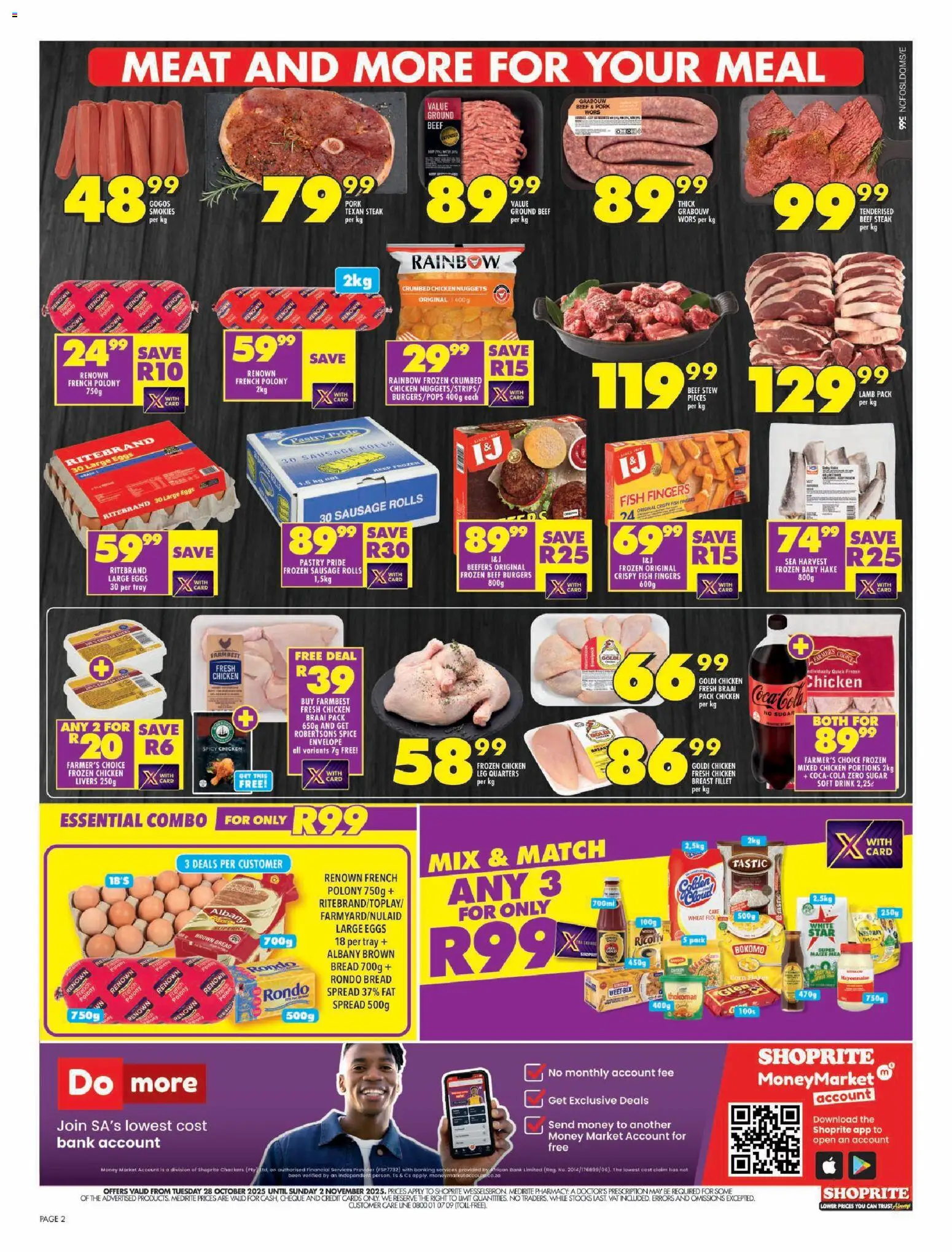 New Shoprite catalogue – valid from 28.10.2025 | Page: 2 | Products: Eggs, Pork, Fish, Burgers
