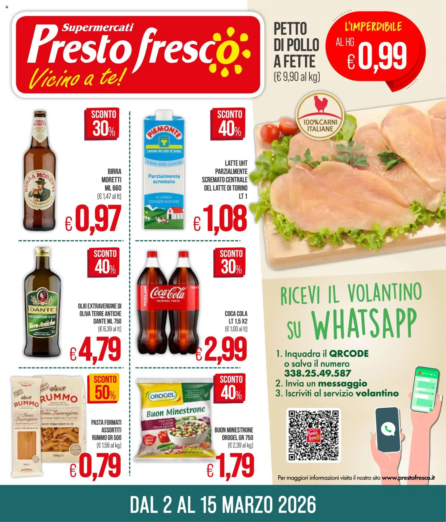 Volantino Presto Fresco del 02.03.2026 | Pagina: 1 | Prodotti: Pollo, Latte, Pasta, Coca Cola