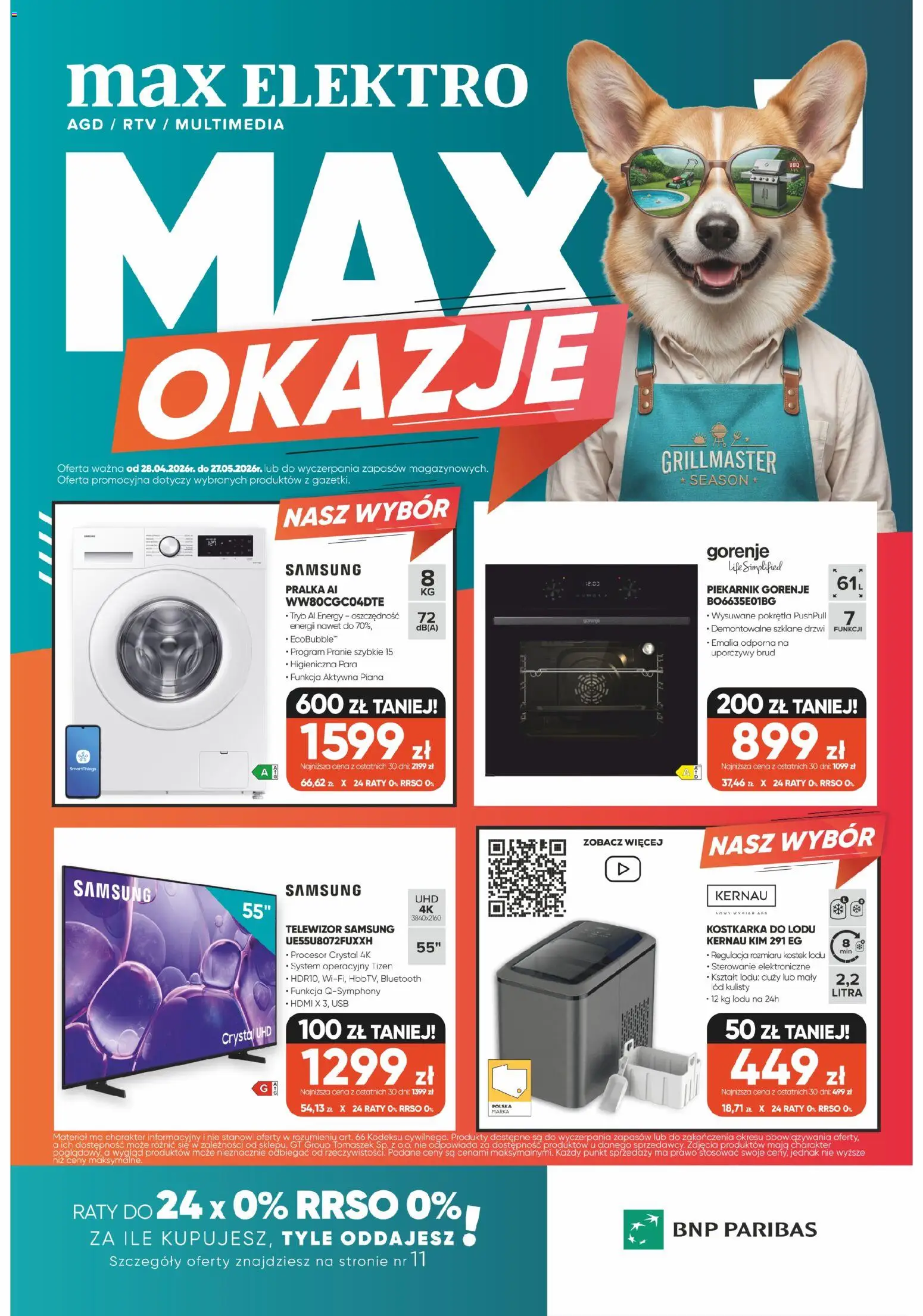 Max elektro gazetka od 28.04.2026 | Strona: 1 | Produkty: Telewizor, USB, Pralka, Piekarnik