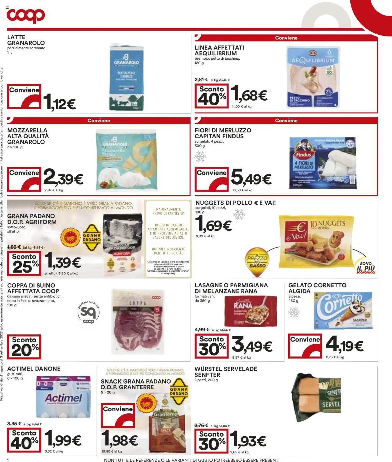 Volantino COOP del 21.08.2025 | Pagina: 6 | Prodotti: Merluzzo, Tacchino, Wurstel, Grana Padano