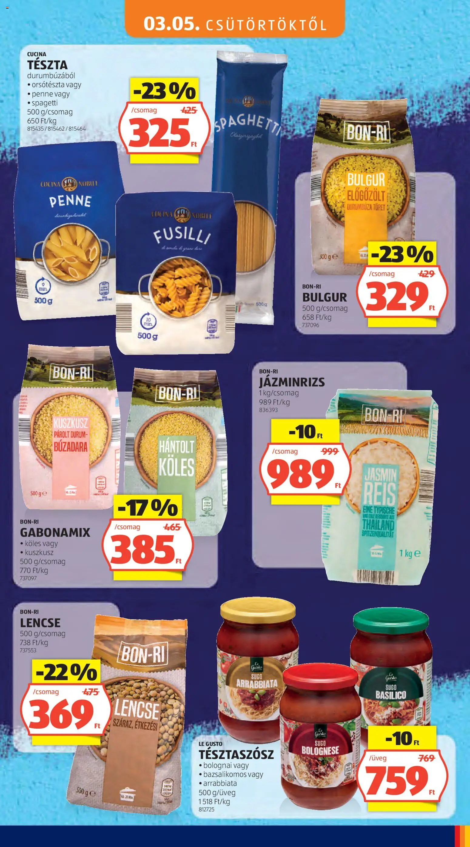 Aldi akciós ujság - amely érvényes a következő dátumtól: 05.03.2026 | Oldal: 13 | Termékek: Spagetti, Penne, Bulgur, Tészta