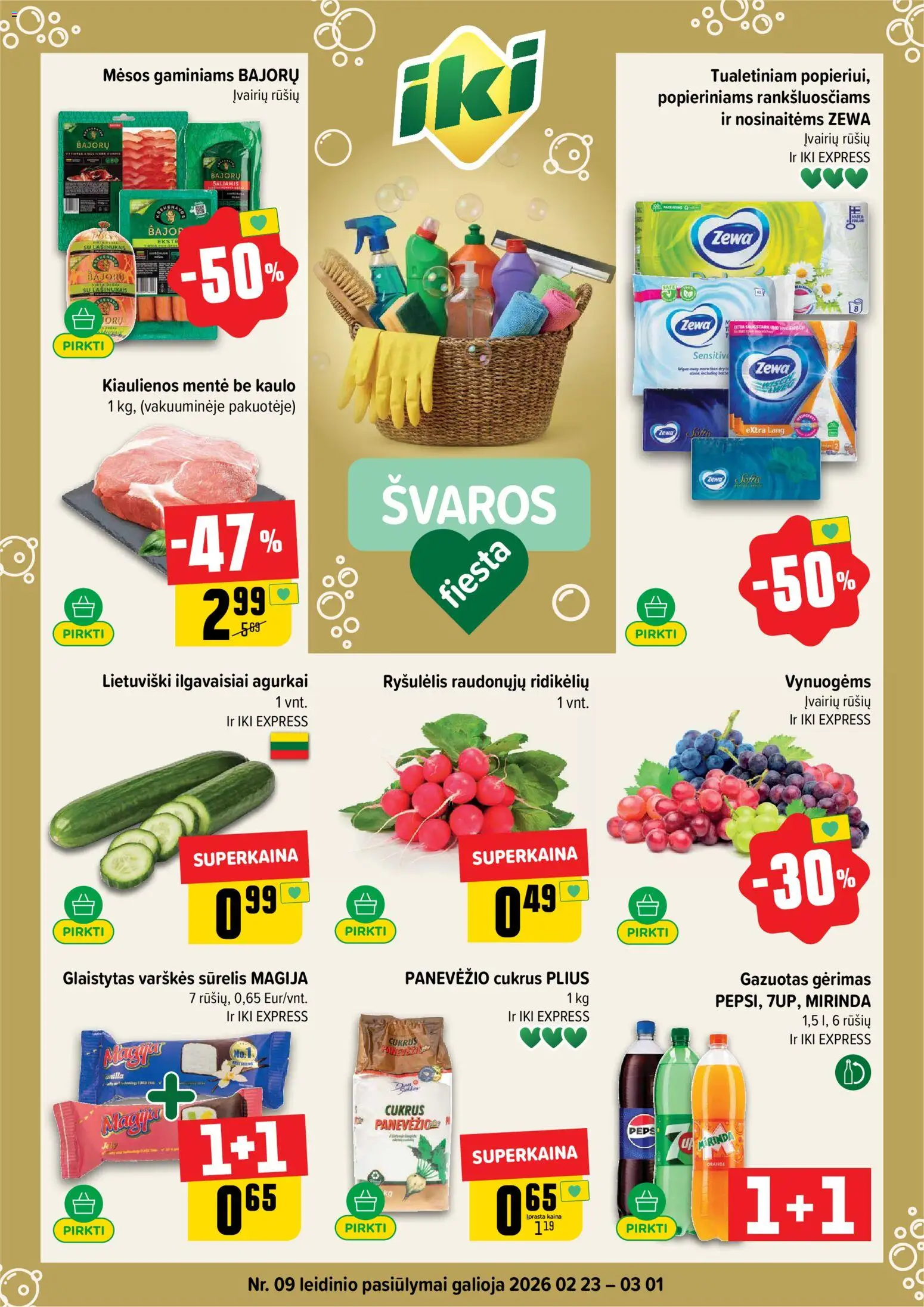 IKI akcijos nuo 23.02.2026 | Puslapis: 1 | Prekių: Agurkai, Kiaulienos, Saliamis, Cukrus