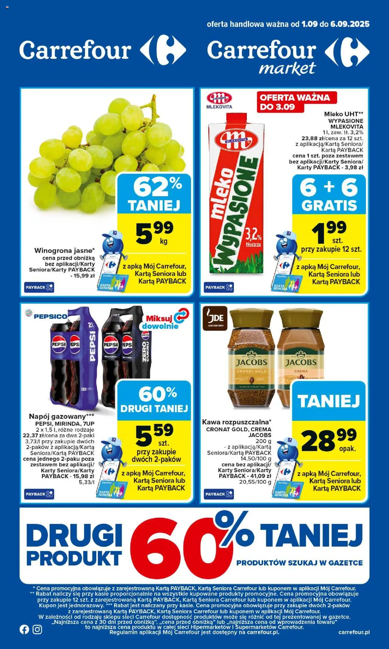 Carrefour Gazetka od 01.09.2025 | Strona: 1 | Produkty: Karta, Winogrona, Pepsi, Kawa
