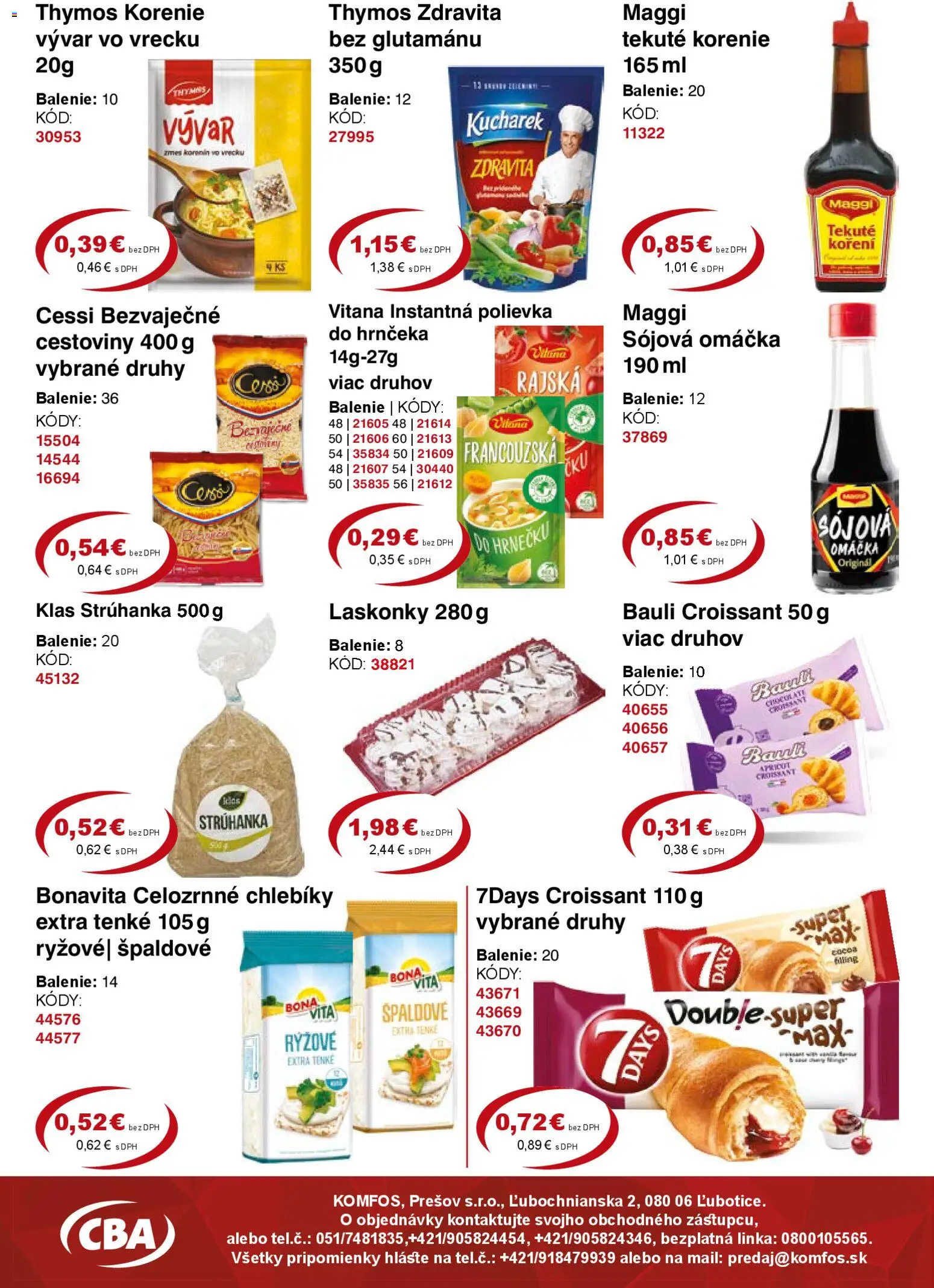 Nové CBA Komfos akcie – leták je platný od 24.04.2026 | Strana: 5 | Produkty: Croissant, Cestoviny, Korenie, Omáčka