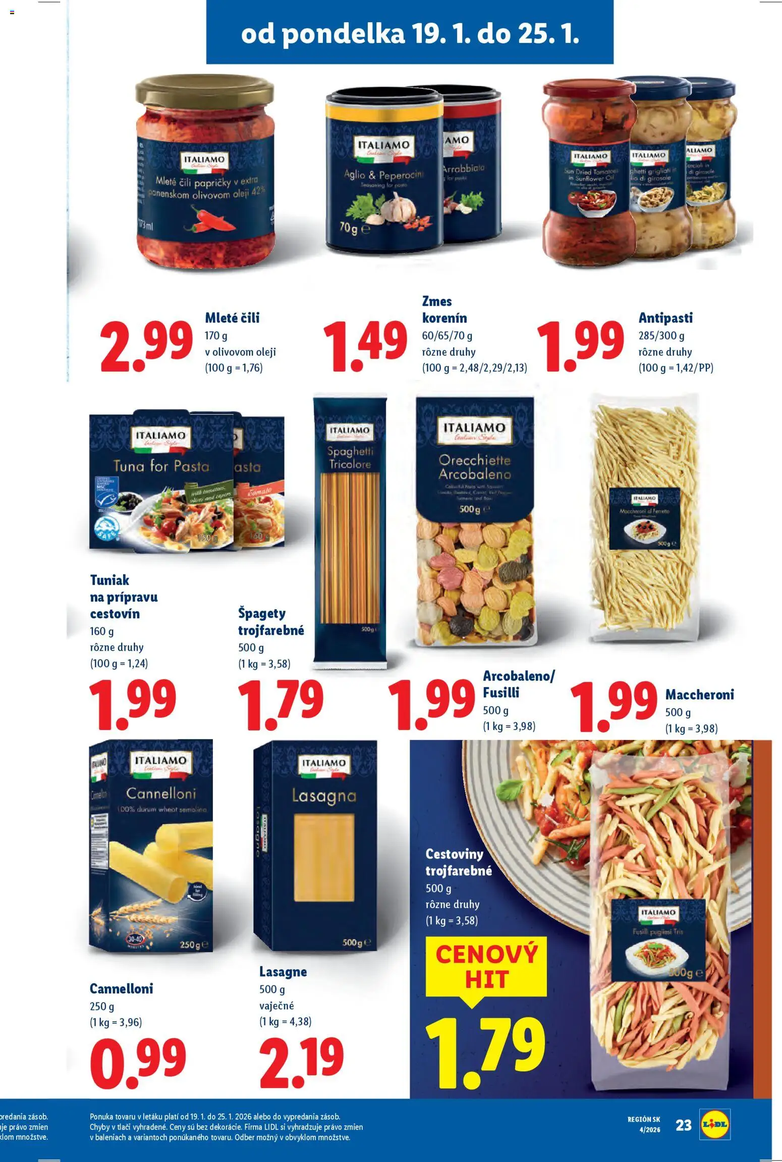 Nové Lidl akcie – leták je platný od 19.01.2026 | Strana: 27 | Produkty: Fusilli, Tuniak, Špagety, Lasagne