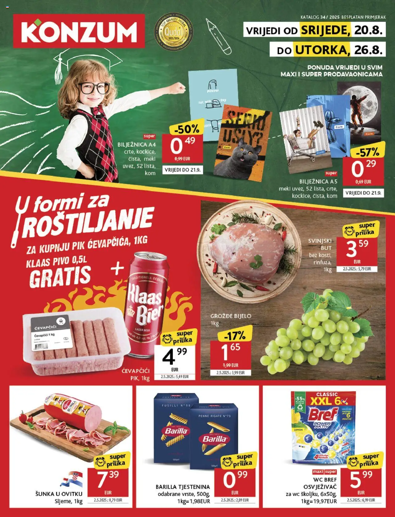 Konzum katalog | vrijedi od 20.08.2025 | Stranica: 1 | Proizvodi: Pivo, Tjestenina, Ćevapčići, Grožđe